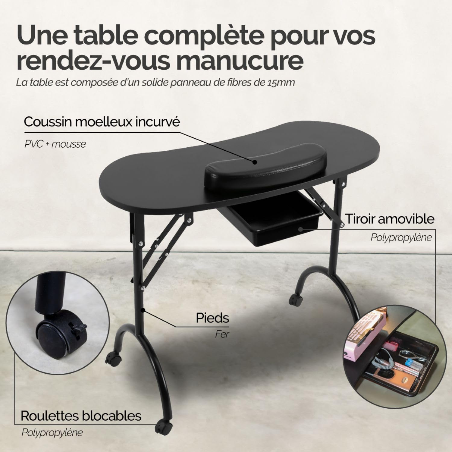 Vivezen - Table de manucure Professionnelle Pliante avec tiroir, roulettes et Housse de Transport - Noir