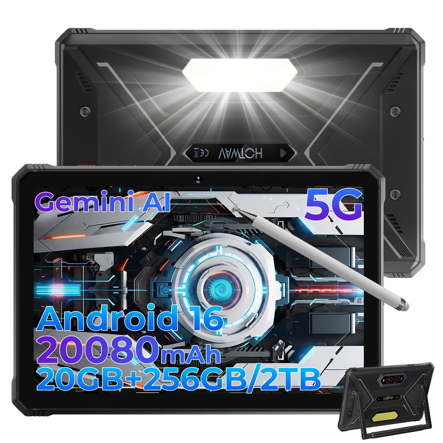 HOTWAV R9 Pro Max 5G Tablet Outdoor, Android 16 Baustellen Tablet mit Stift | 20GB+256GB+2TB TF, Octa-Core, 11" 20080mAh 20W Schnellladung, 64MP+16MP+20MP Nachtsicht, IP68/IP69K Wasserdicht, Gemini AI