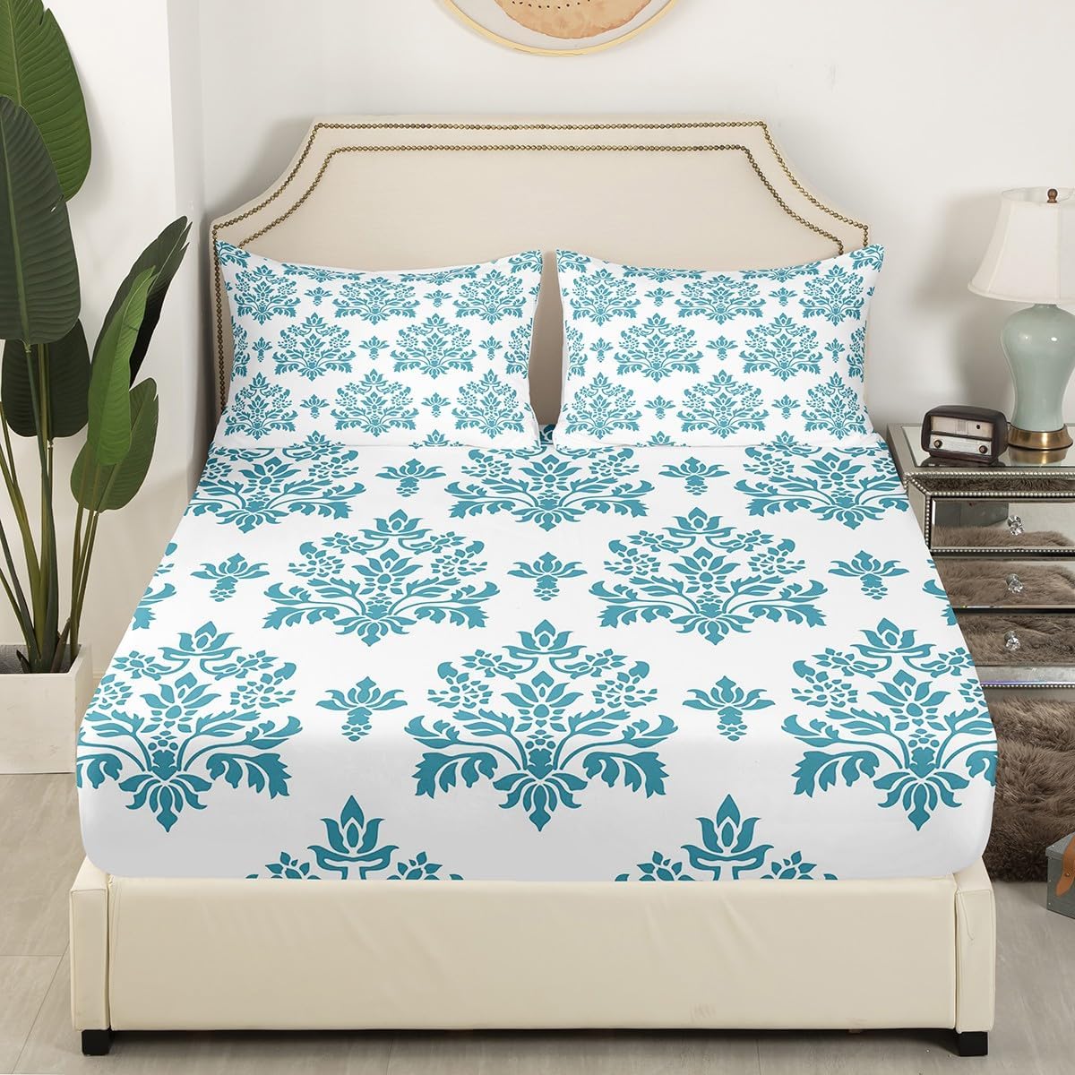 Erosebridal Vintage Damask Fitted Sheet Full Size,Antique Baroque Victorian Goth Bed Sheets for Women Men Adults,Boho Bohemian Blue Damask Bedding Set,Gothic Floral Bed Set with Deep Pocket