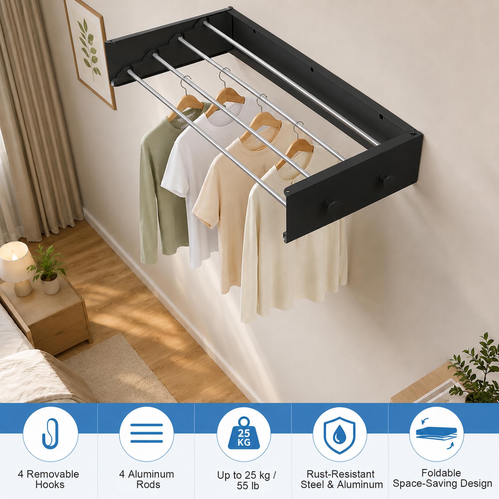 Stendibiancheria da parete, con gancio di aggiornamento, semplice stendibiancheria da parete, pieghevole, per interni o esterni, per balcone (60 cm con 4 ganci, nero)