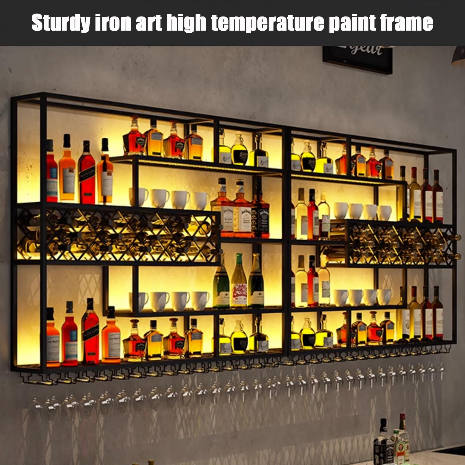 Portabottiglie da parete in stile industriale con luci a LED, ripiani bar sospesi, espositore salvaspazio per bottiglie di liquore e portabicchieri, design moderno in metallo (118,1"x7,9"x47