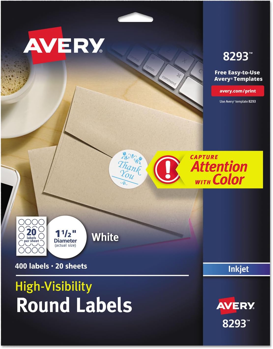 Avery Vibrant Color-Printing Round Address Labels, 1 1/2 Dia, White, 400/Pack
