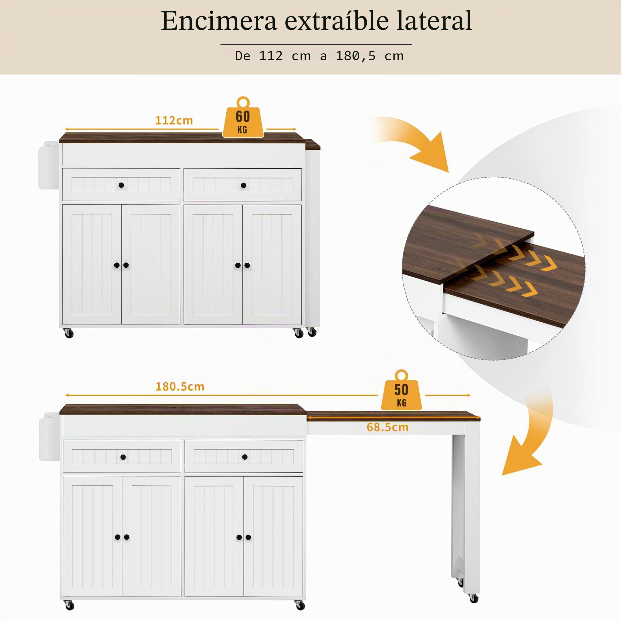 le Cucina e Isola da pranzo, Piano di lavoro allungabile con Ders, perfetto per cucina e sala da pranzo, noce h - Tial salvaspazio