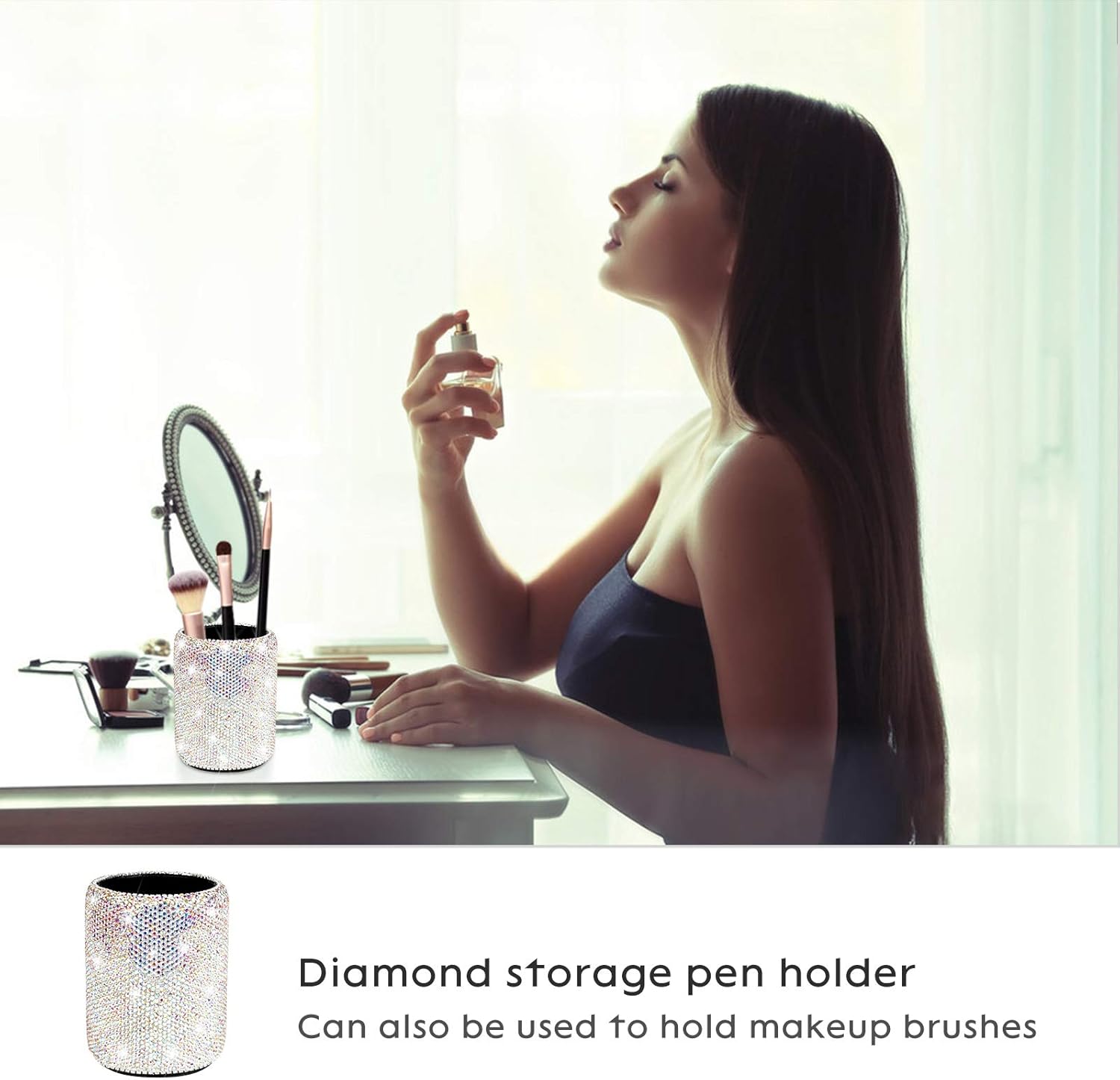 Crystal Pencil Pen Pot Holder Box Bling Rhinestone Pen Organizer Holder Cosmetic Pencil Container Comb Brushes Personalized (Round)(AB Color)