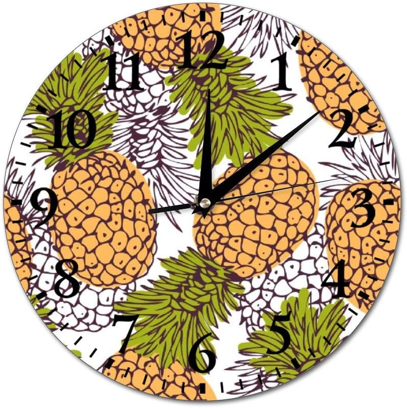 MesllingsWall Clocks Tropical Fruit Pineapple Yellow Pattern Round Glass Wall Clock, Wall Decor Clocks for Kitchen, Office, Retro Hanging Clock, Home Decor Accessories