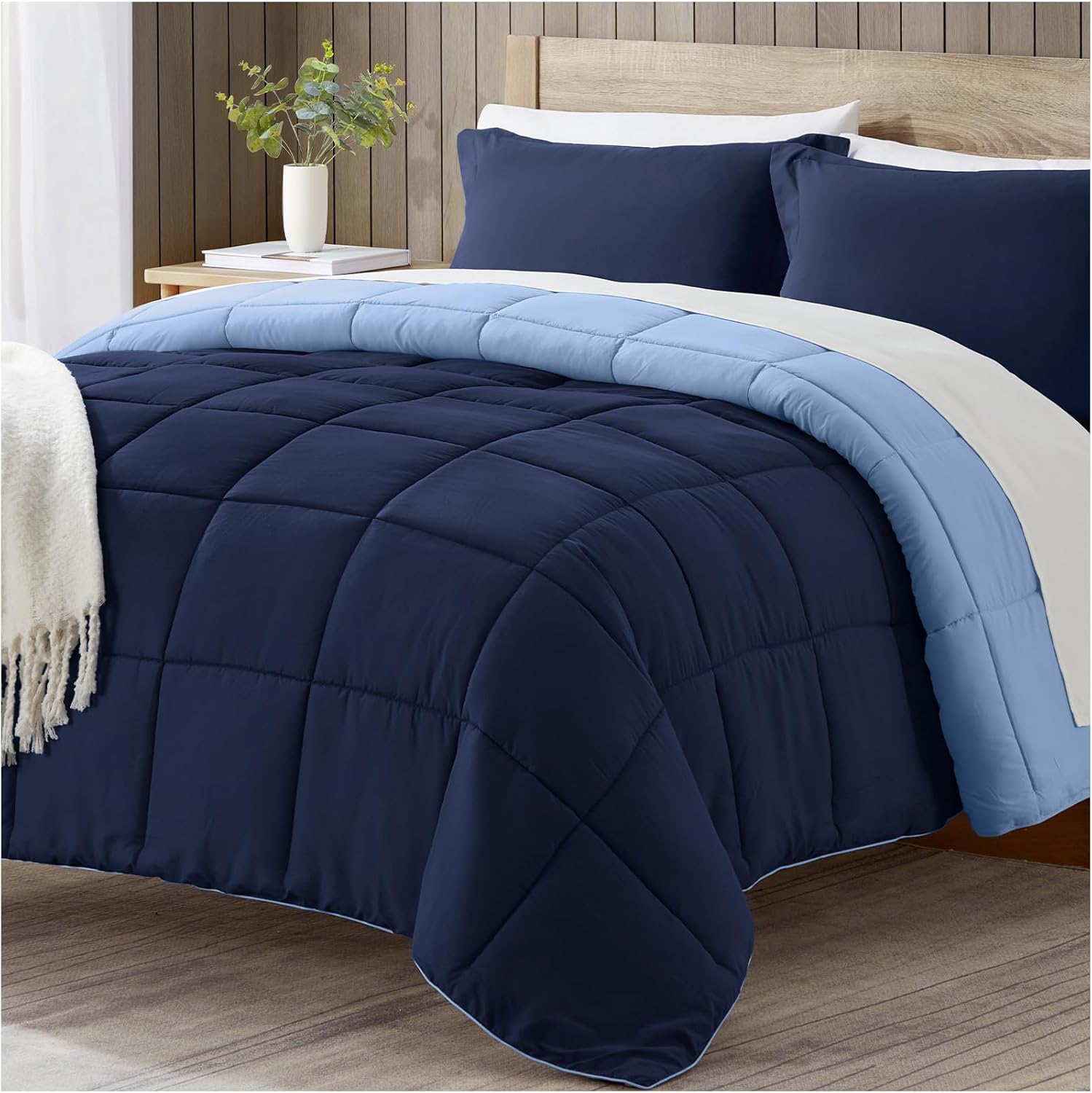 satisomnia Full Size Comforter Set, Navy Blue Bedding Comforters Full Size, 3 Pieces Down Alternative Bed Comforter Lightweight, Soft Quilted Bed Set Breathable, Reversible All Season Bedding Sets