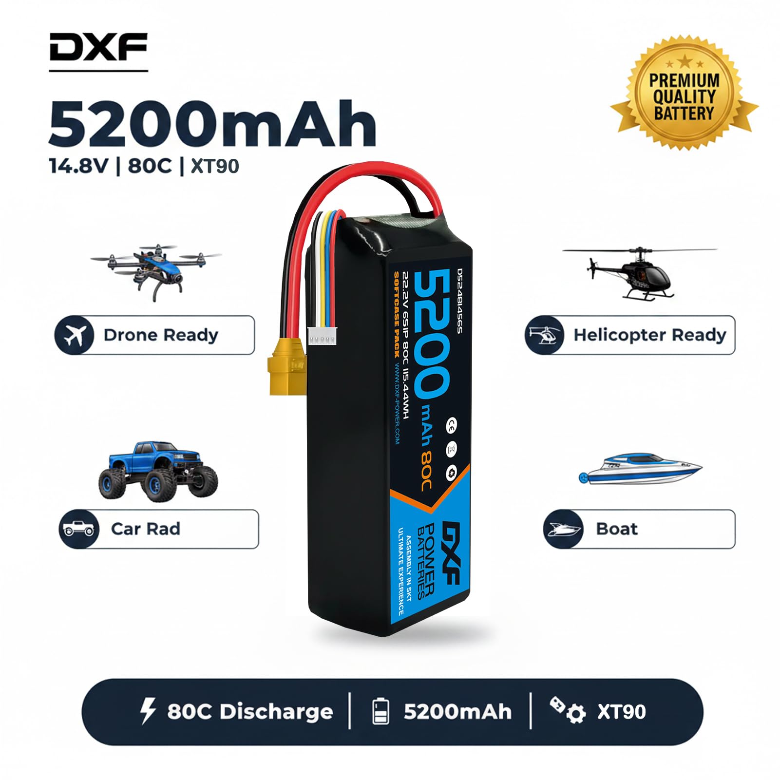DXF 2 Packungen Powerhouse für rc-Fahrzeuge: 14.8v, 5200mah, 80c, XT90-stecker - 4s lipo perfekt für emaxx, Bandit, losi,u.v.m. - leistungsstarker 4s lipo akku für maximale fahrfreude!