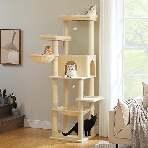 PAWZ Road Árbol grande para gatos, torre para gatos de 73 pulgadas de alto con 1 percha acolchada grande, 2 hamacas espaciosas, 8 postes rascadores
