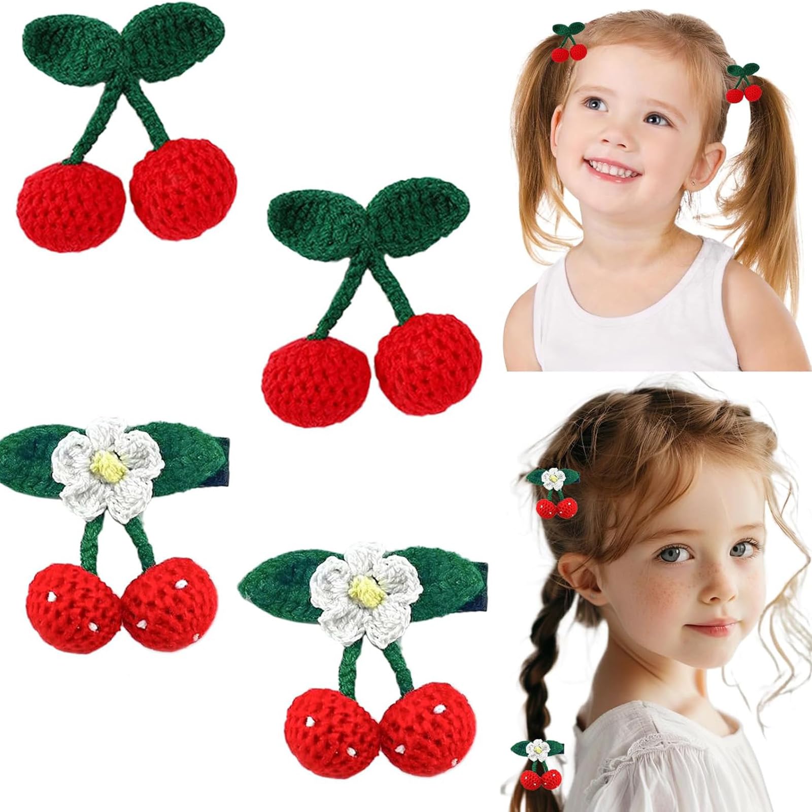 4 Pcs Handmade Crochet Cherry Hair Clips Mini Sweet Cherry Hair Barrettes Cute Knit Fruit Shape Duckbill Clip Hairpins for Women Girls Kids Teens Hair Accessories
