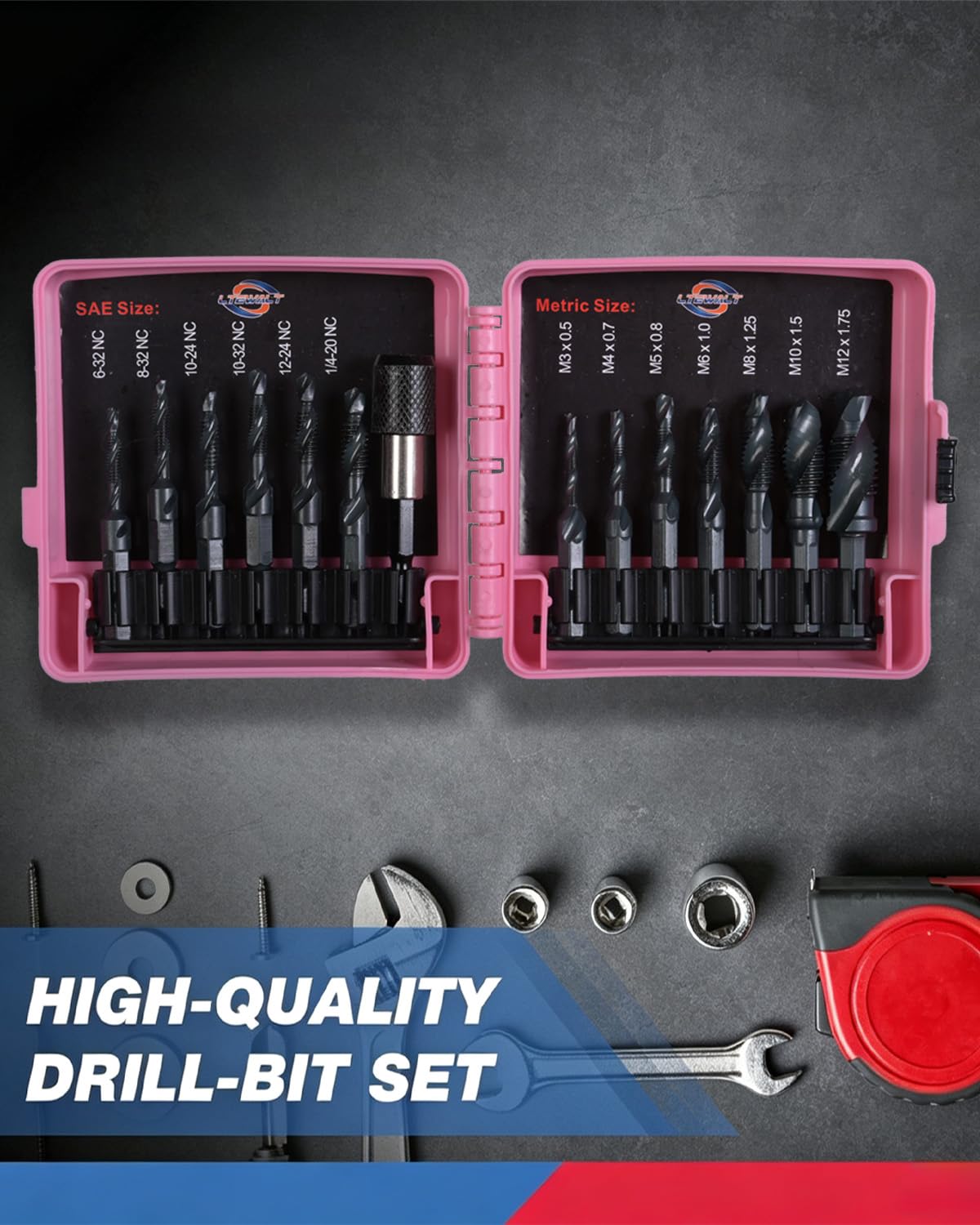 Combination Drill and Tap Set 14 PCS 3-in-1 High Speed Steel Drill Tap Bits with Quick Change Adapter, SAE (6-32NC to 1/4-20NC) & Metric (M3 to M12) for Metal, Plastic, Copper