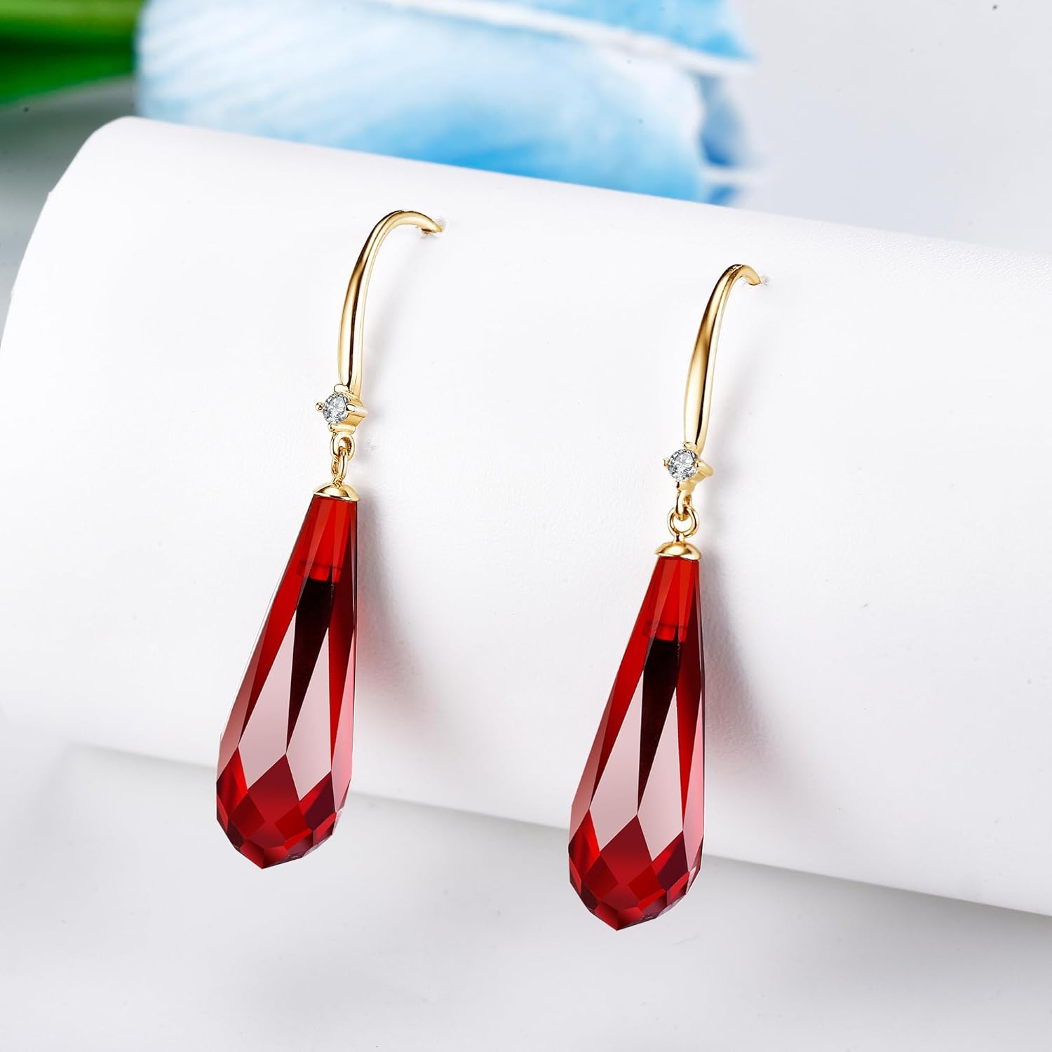 Dovran 14K Gold Garnet Amber Black Onyx Rose Quartz Sapphire Earrings for Women Solid Gold Yellow Blue Black Pink Red Gemstone Wedding Earrings Dangle Real Gold Garnet Jewelry for Birthday