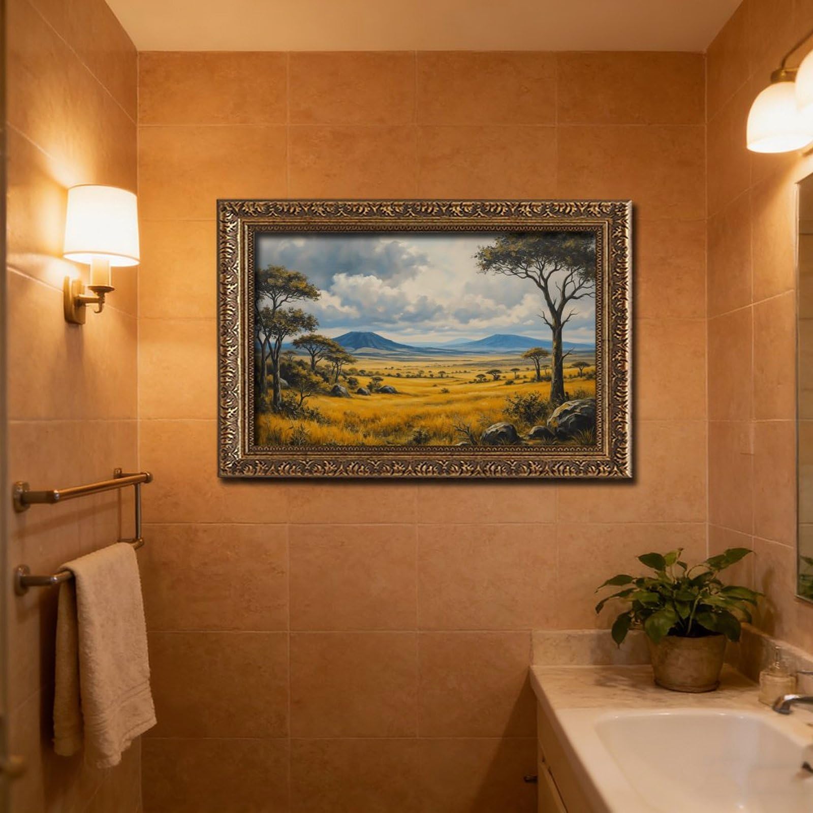 Mnyuein Póster de paisaje pastoral de la naturaleza, 7 lienzos, decoración de pared, pinturas para sala de estar, dormitorio, marco dorado retro, 12 pulgadas de largo x 18 pulgadas de ancho