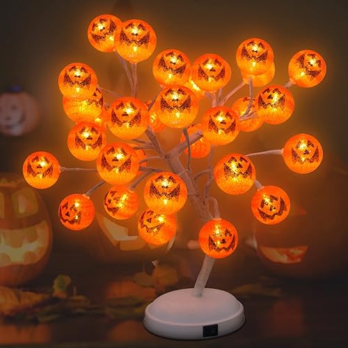 Miniatura 9 de Luz LED de árbol de calabaza para decoración de Halloween y todas las estaciones, luz de árbol artificial con 24 bolas de adorno de calabaza