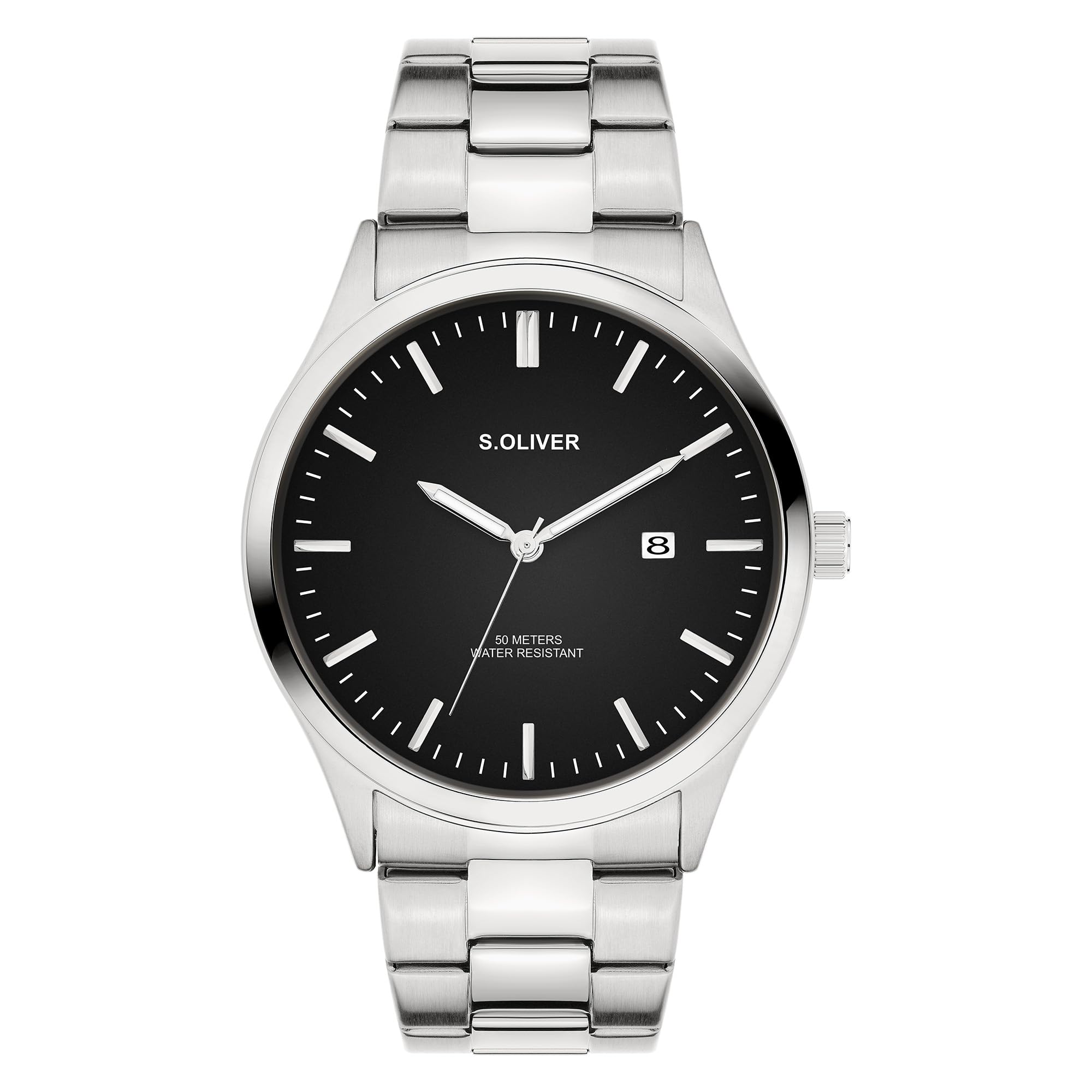 s.Oliver Men's Watch, Round, Silver, 42 mm, Metal Watch with Quartz Movement on Stainless Steel Strap with Folding Clasp, Analogue Watch, 5 ATM Waterproof, Scratch-Resistant