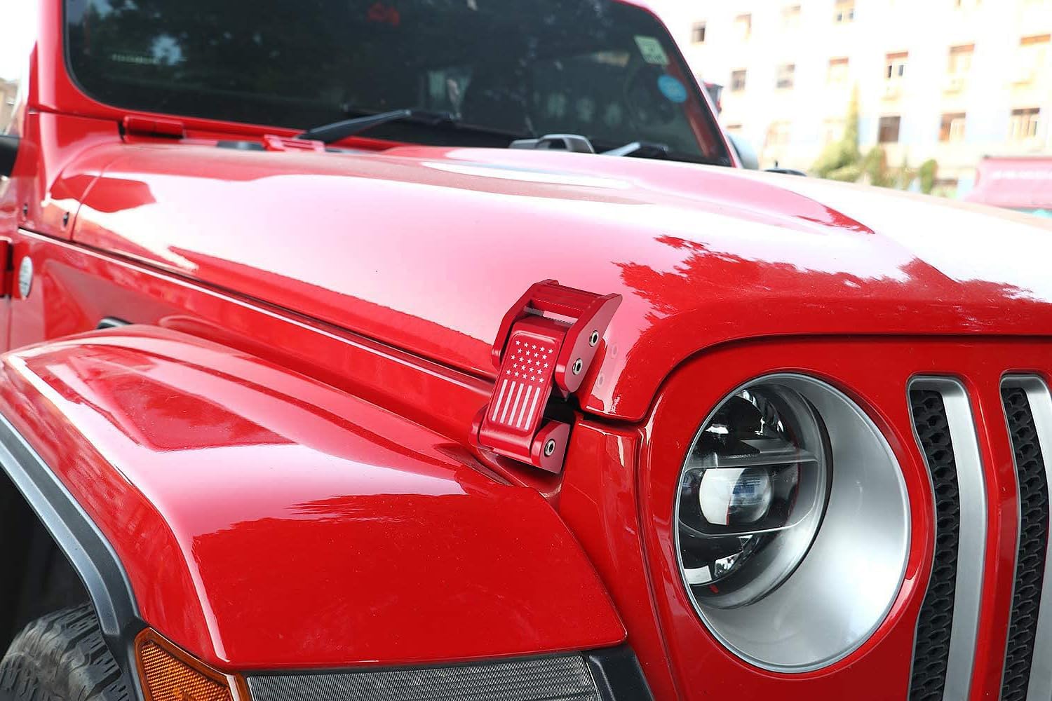 Car Aluminum Hood Latches Catch Kit with US Flag Style for 2007-2018 Jeep Wrangler JK JKU & 2018-2020 Jeep Wrangler JL JLU(Red)