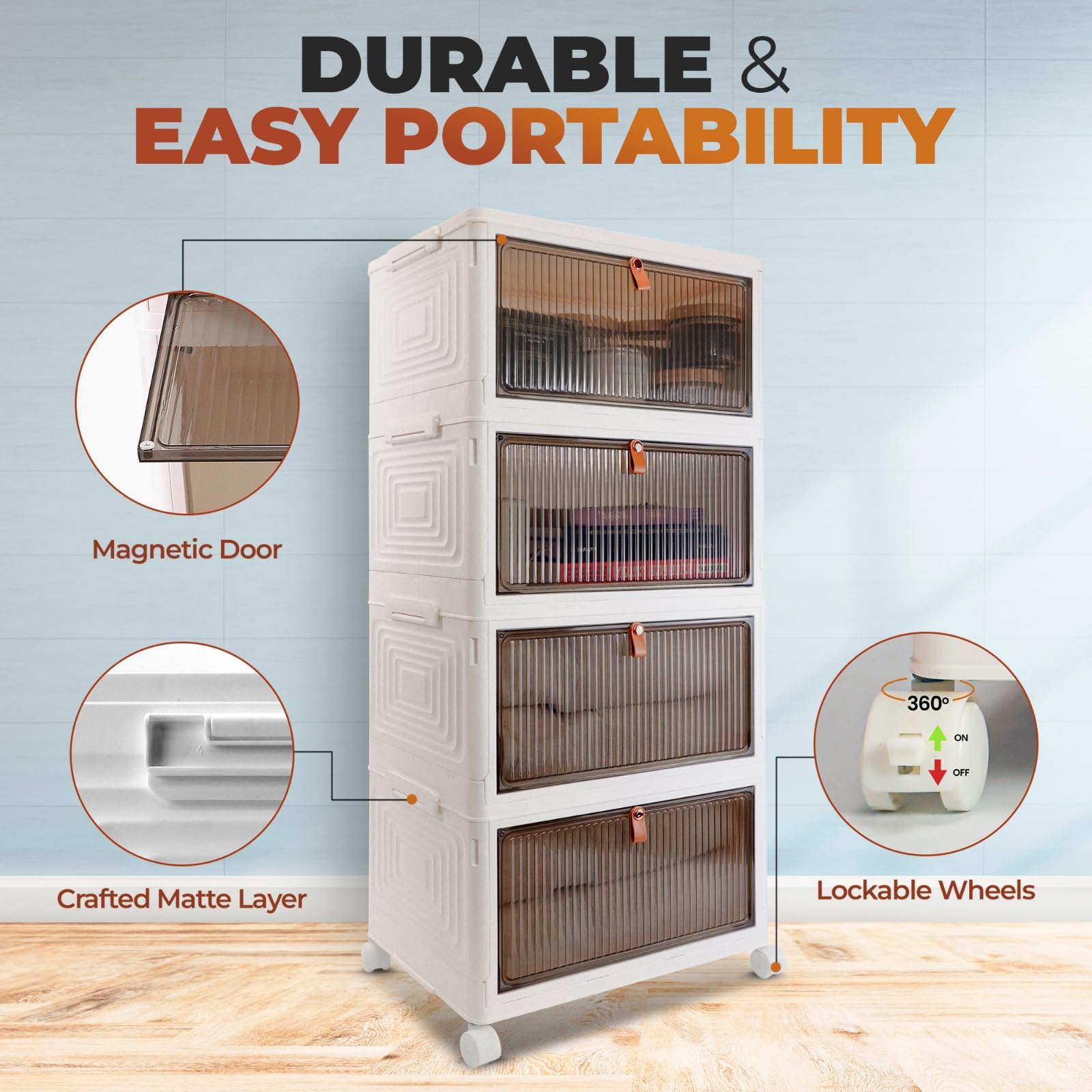 Avaton Plastic Storage Bins Organizer 23QT 4 Tier, Stackable Plastic Storage Bins With Wheels, Collapsible Storage Bins, Storage Containers Organizer for Bedroom, Living Room, Kitchen, Office