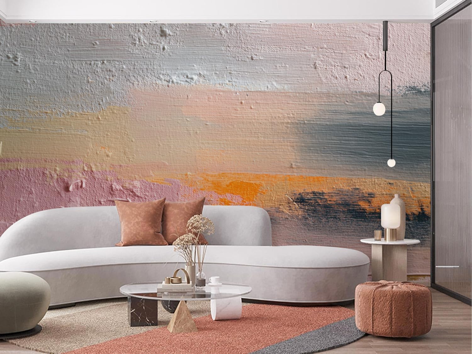 VistaPalette Modern Embossed Abstract Pink Orange Teal Art Oil Painting Mural Peel and Stick Wall Art Wallpaper Self Adhesive Removable Mural Large Foil Wall Decor Print Picture
