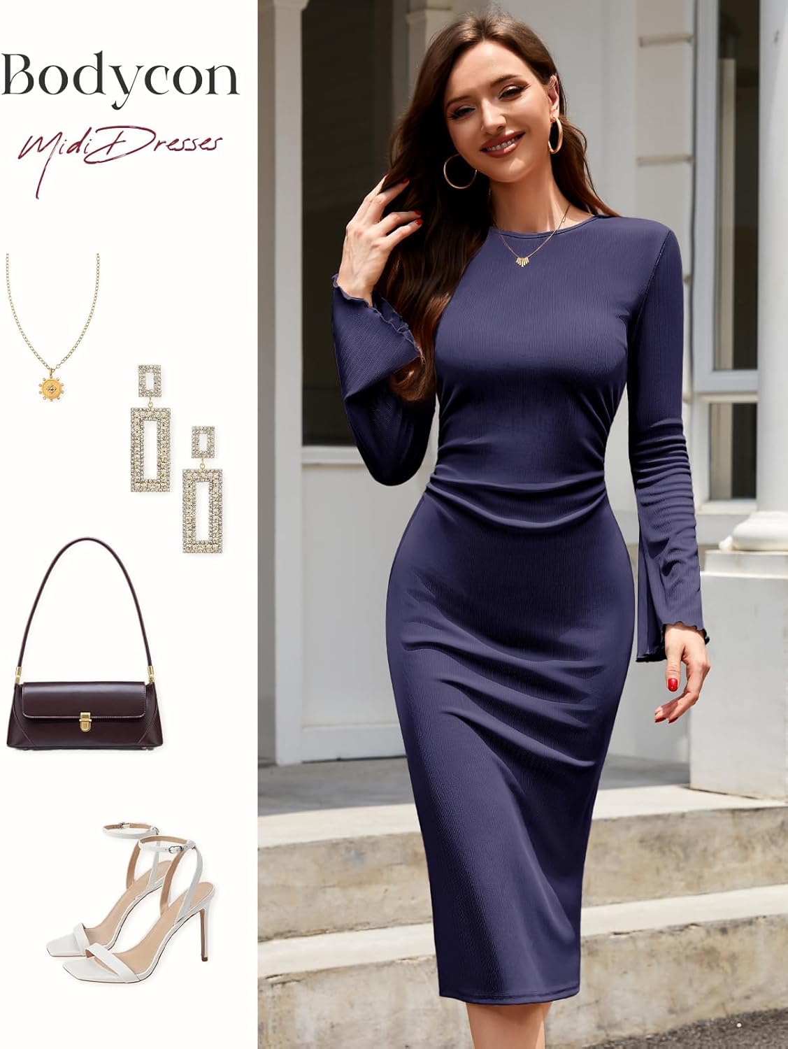 HomRain Women's Crew Neck Bodycon Dresses for 2025 Fall Ribbed Knit Midi Fashion Date Party Cocktail Dress - Image 4