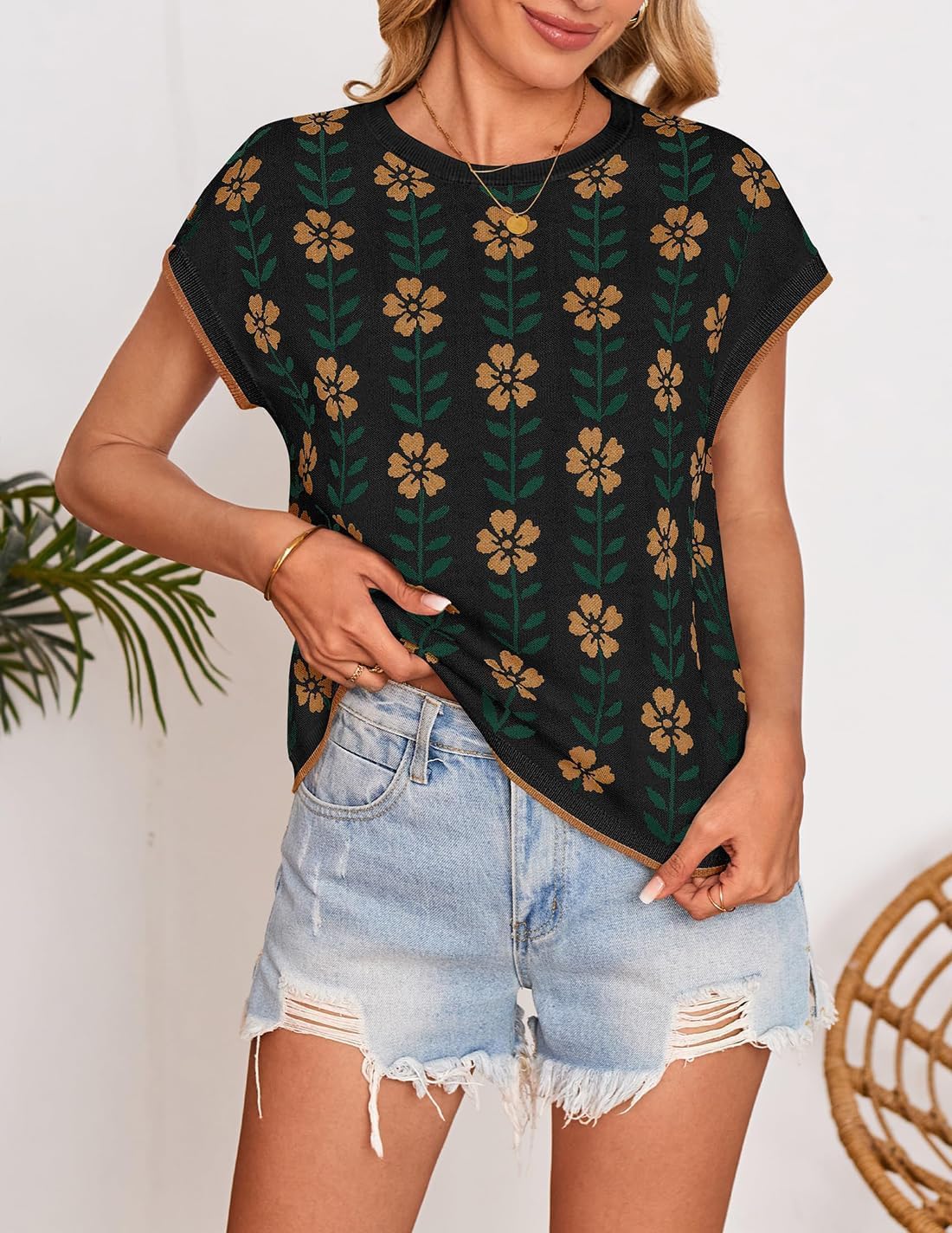 ZESICA Womens Floral Sweater Vest Summer Short Sleeve Crew Neck Cute Loose Knit Tops 2026 Trendy Clothes Outfits - Image 3
