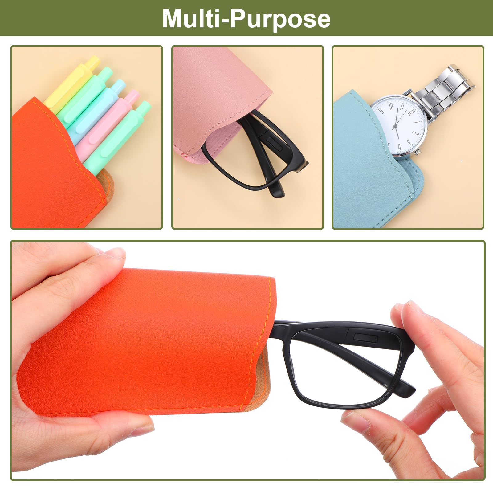 JJUNW 8 sztuk miękkich etui na okulary, ze skóry PU, przenośne etui na okulary, 17,8 x 7,6 cm, płaskie etui na okulary do czytania, dla mężczyzn i kobiet