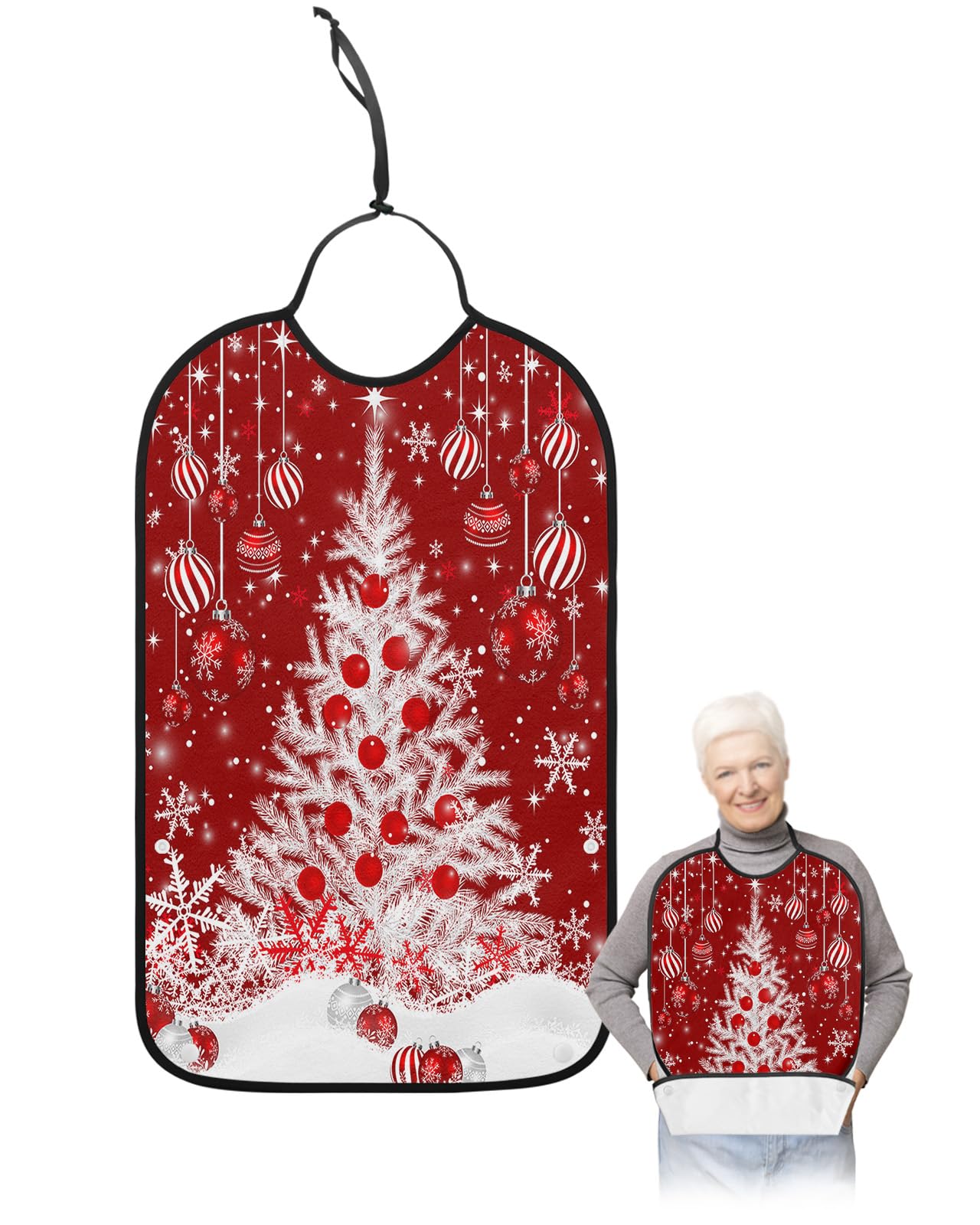 LEOKOTI Red Christmas Tree Adult Bibs for Eating, Waterproof Bibs with Food Catcher & Adjustable Snap Closure, Xmas Winter Snowflake Christmas Balls Washable Clothing Protectors Adult Bibs for Elderly