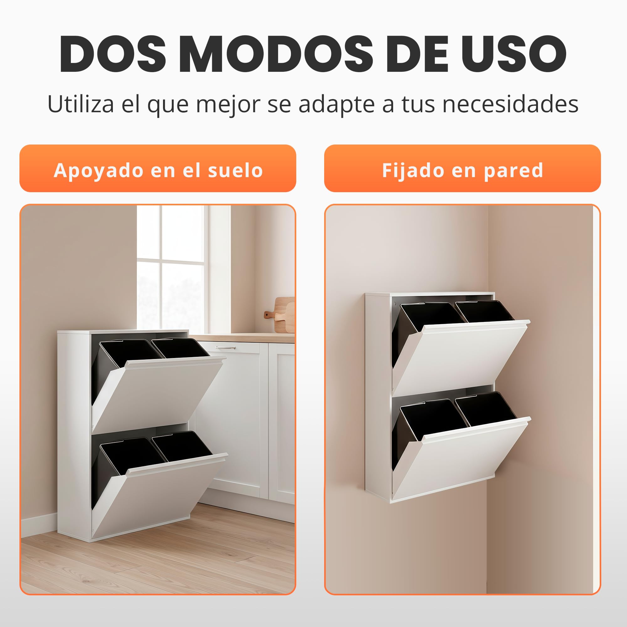 JUPPLIES Cubo de Basura Cocina Reciclaje de Acero con 4 Compartimentos | 4x17 (68L) | Mueble Contenedor de Reciclaje Metálico con 2 Cajones Abatibles para Casa u Oficina | 90,5x58,5x52cm