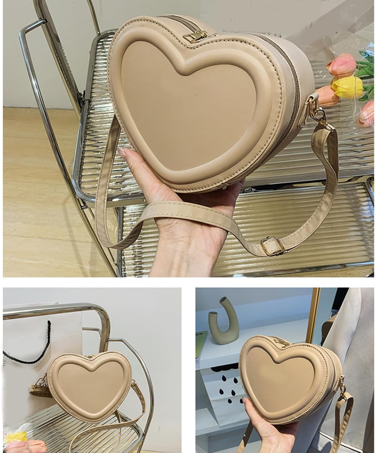 Women's Heart Shape Crossbody Bag, Compact PU Leather Handbag, Gift for Women, Khaki, 20*15*7cm - Image 5