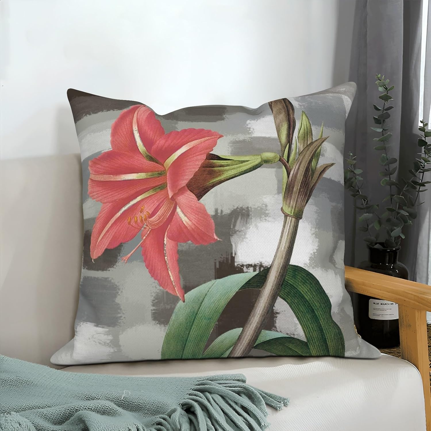 4 Pcs/Set Floral Throw Pillow Covers Spring Summer Red Lily Flower Red Flower Green Leaves Plants Patchwork Background Minimalist Linen Pillow Cases for Sofa Couch Room Wedding, 20"x20"
