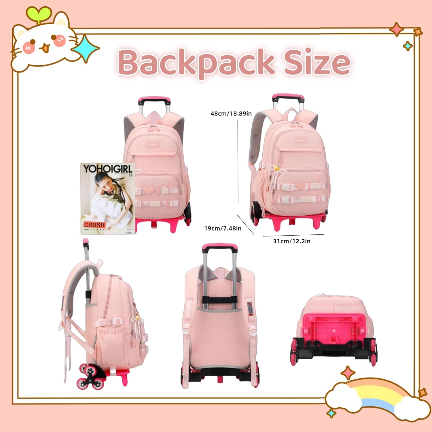 Girls Rolling Backpack Wheeled Backpack for Boys Trolley School Bags Kids Luggage Roller Backpack with 6 Wheels - Image 2