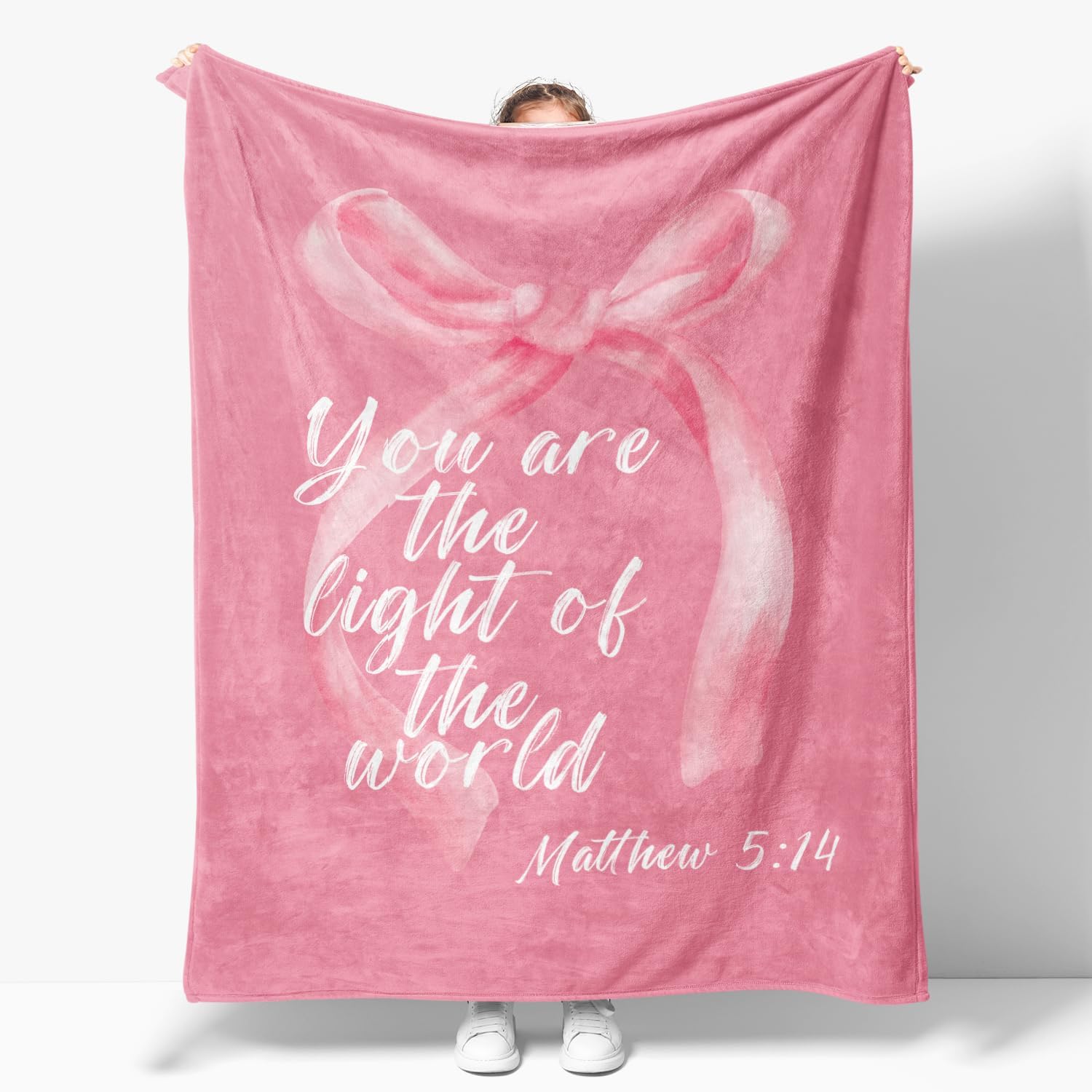 Christian Gifts for Women Blanket, Coquette Pink Bow Bible Verse Throw Blanket, Inspirational Religious Cozy Flannel Blanket, Pink Room Decor Blanket for Sofa Couch Travel Bed, 50x60 Inches