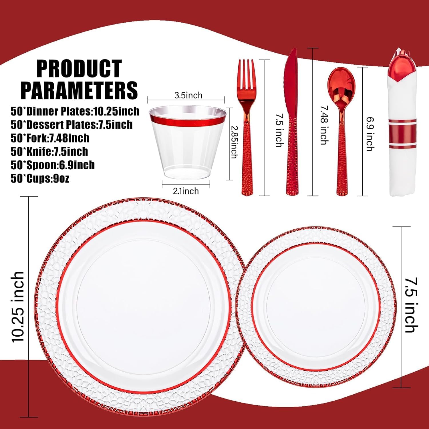 Ciaell 350 PCS Clear and Red Plastic Plates – Red Dinnerware Set for 50 Guests Include 100 Plastic Plates, 50 Pre Rolled Napkins with Cutlery Set, 50 Cups for Wedding & Party & Anniversary