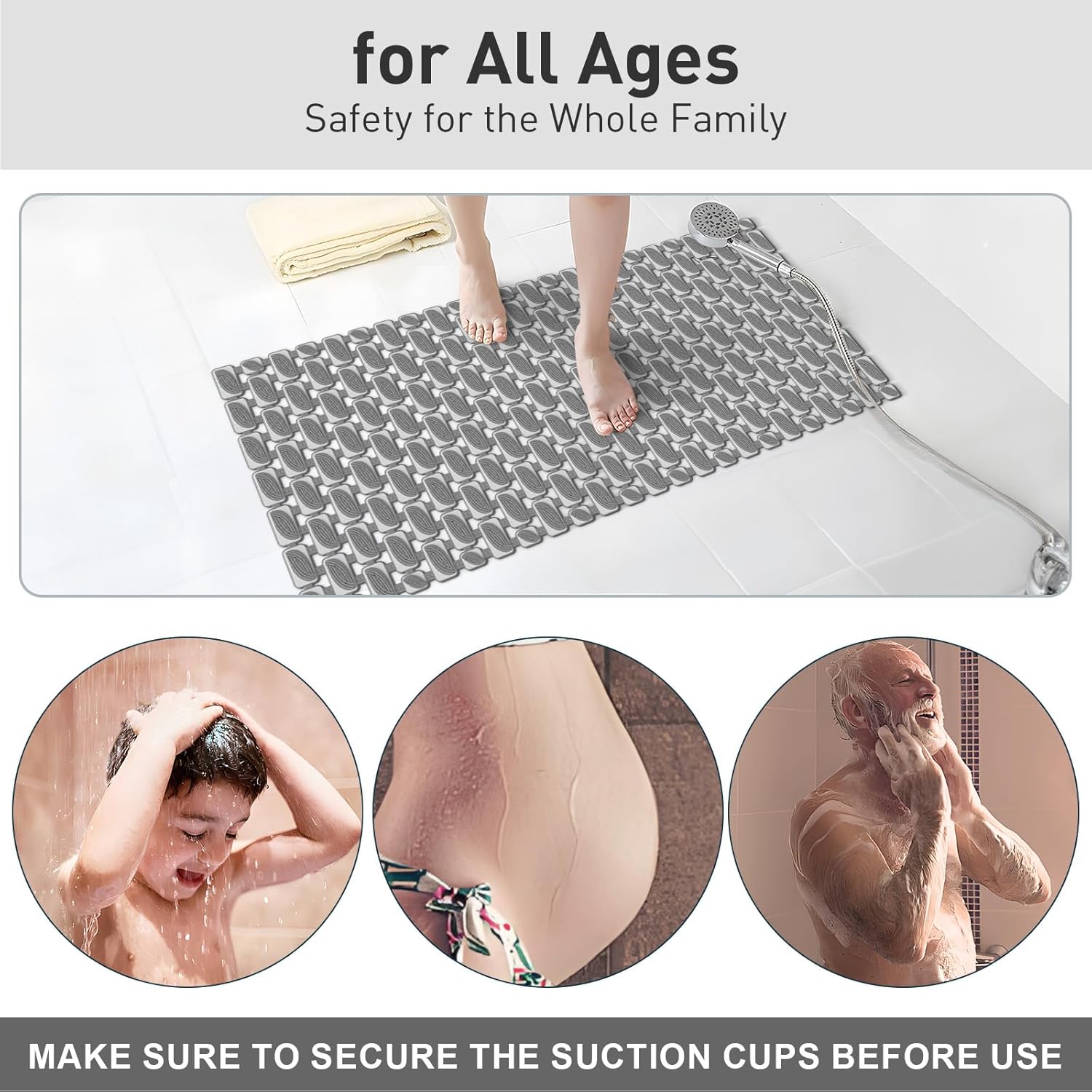 Bath Tub and Shower Mat Non Slip Bathtub Safety Mat with Powerful Suction Cups and Drain Holes, 36 x 16 Inch Soft Bathtub Mat Non Slip Bath Mat for Tub, Machine Washable, Easy to Cut, Dark Grey