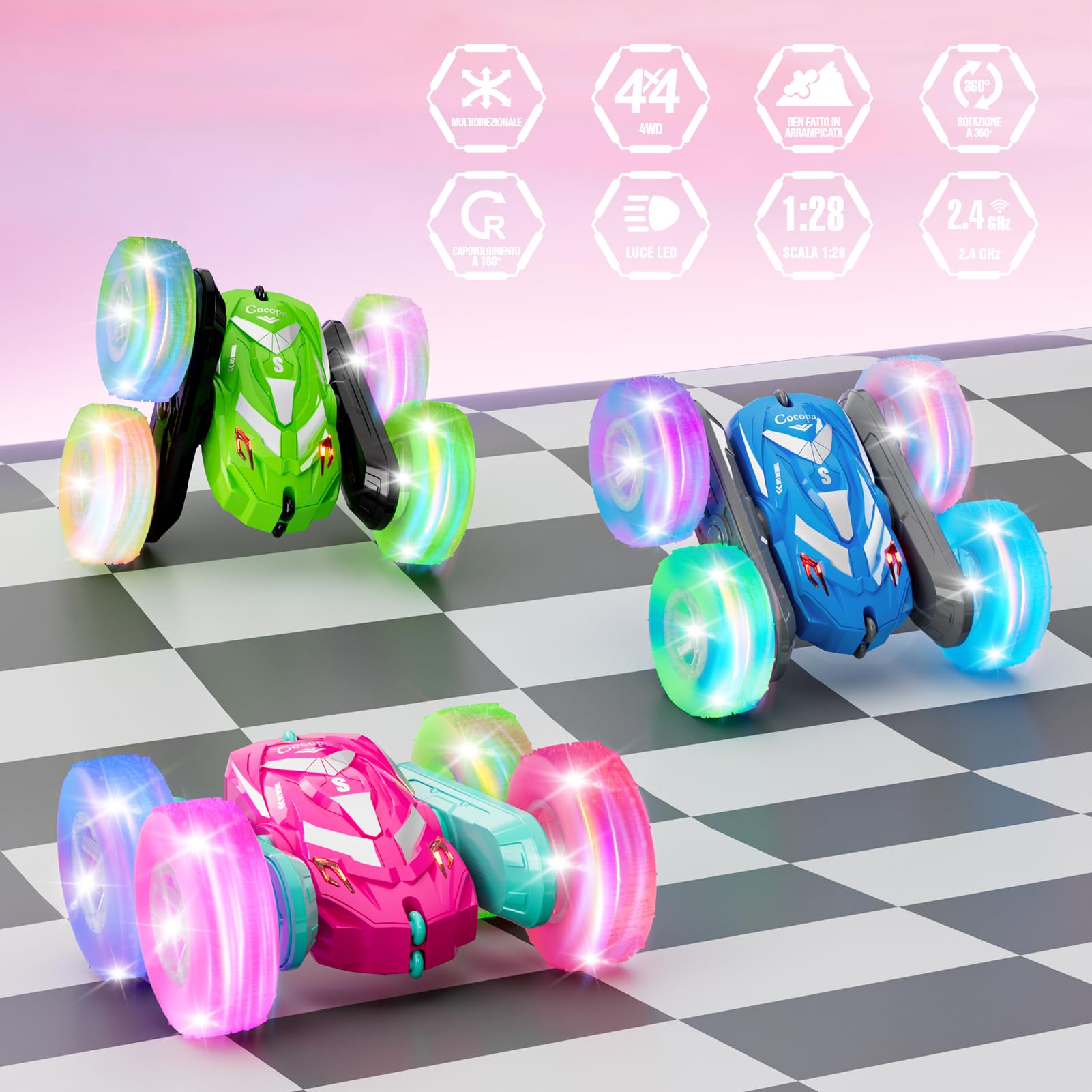 Cocopa Macchina Telecomandata per Bambini con Luce, Giochi Bambini Bambina 3 4 5 6 7 Anni, Regalo Bambino 3 4 5 6 7 8 9 Anni Ragazze Regali Giocattoli Natale Compleanno, Auto Radiocomandata (Rosa)