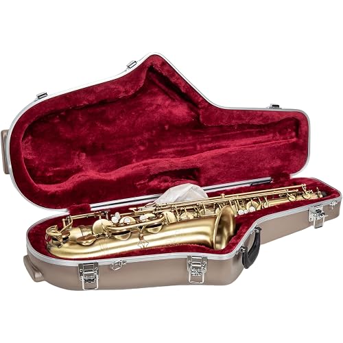 Crossrock ABS Tenor Saxophone Case – Contoured Champagne Finish, Burgundy Velvet Interior, Accessory Pocket, Security Lock & Detachable Strap