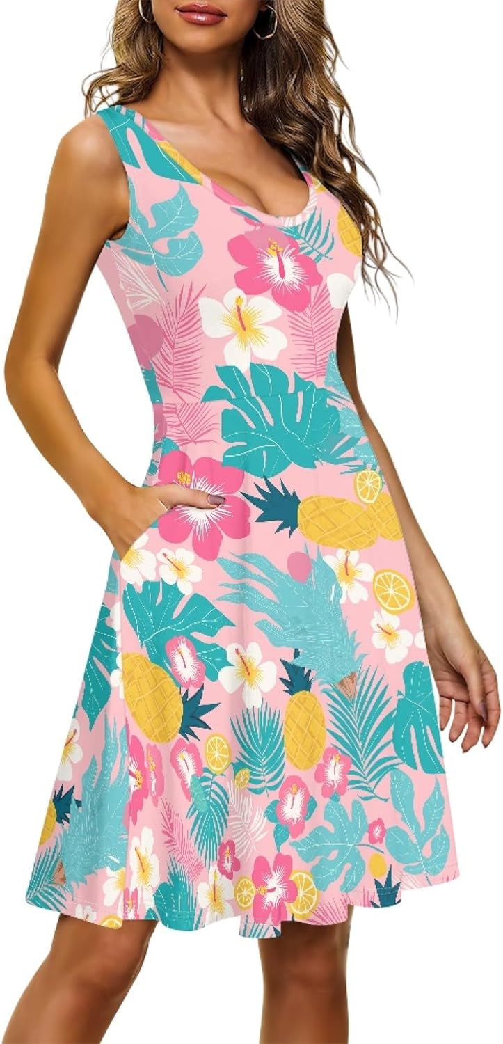 Fashion Summer Women Midi Tank Dresses with Pockets Round Neck Sleeveless Womens Graphic Swing Sundress