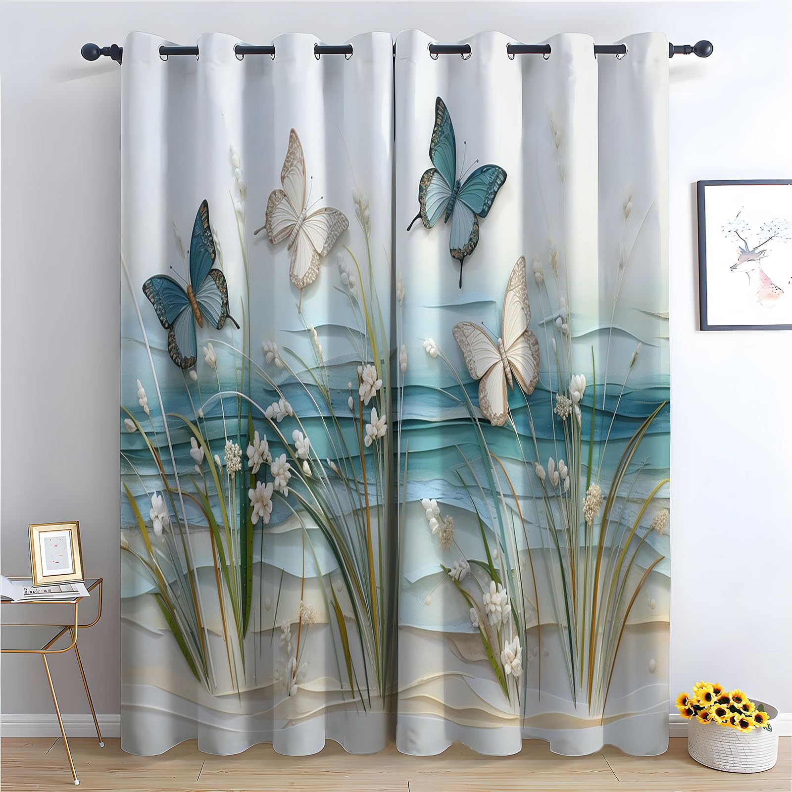 Rideaux opaques mer bleue et papillon blanc H300 x L140 cm pour salon et chambre