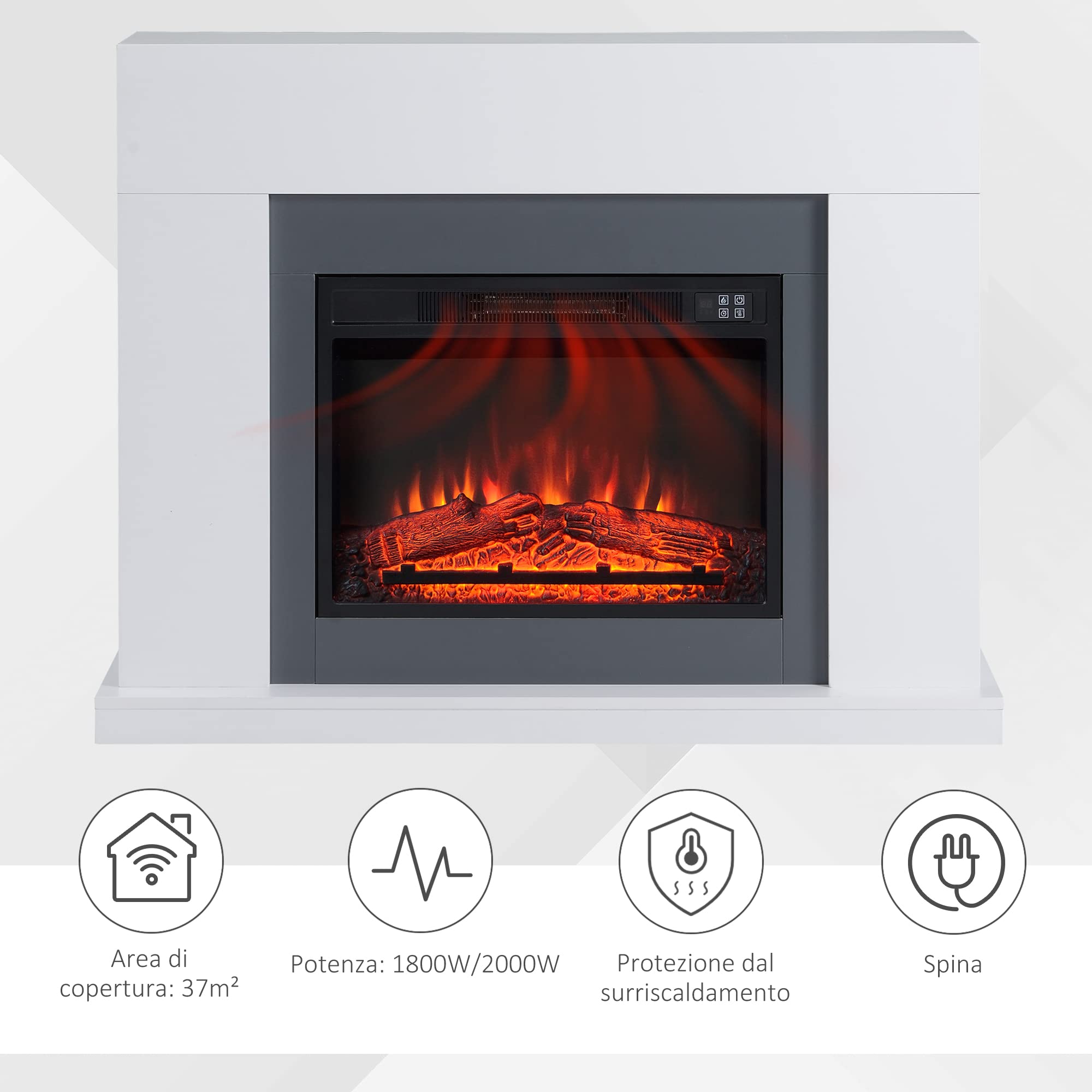 HOMCOM Camino Elettrico a Terra con Effetto Fiamma e Riscaldamento, 1800/2000W, con Telecomando, Termostato, Protezione da Surriscaldamento, Copertura 37m², Timer 7 Giorni, Bianco