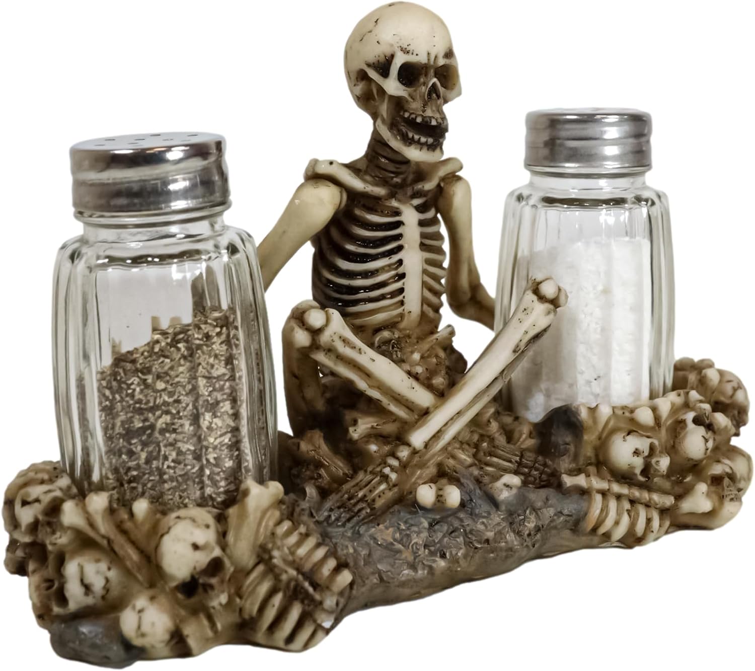 Ebros Gothic Day Of The Dead Graveyard Garnish Meditating Skeleton Seated On Graveyard Of Bones And Skulls Salt & Pepper Shakers Holder Figurine Set 6.5" Wide Fantasy Kitchen Decor Statue