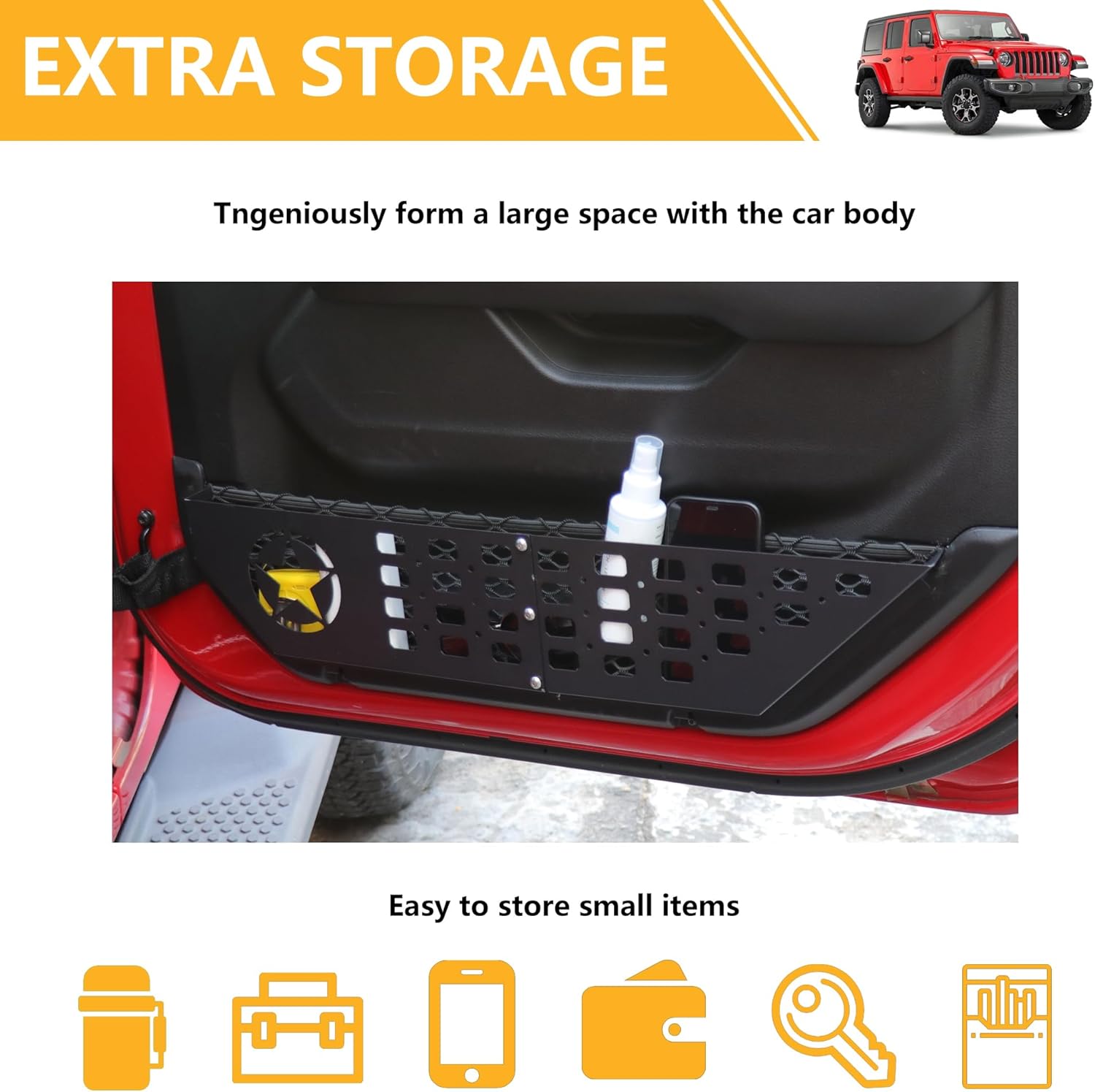 Front Door Storage Pockets Side Insert Organizer Box Compatible with 2018-2024 2025 Jeep Wrangler JL 2/4 Door 4XE Gladiator JT Interior Accessories Cup Holder Expansion Tray 1Pair Metal Star
