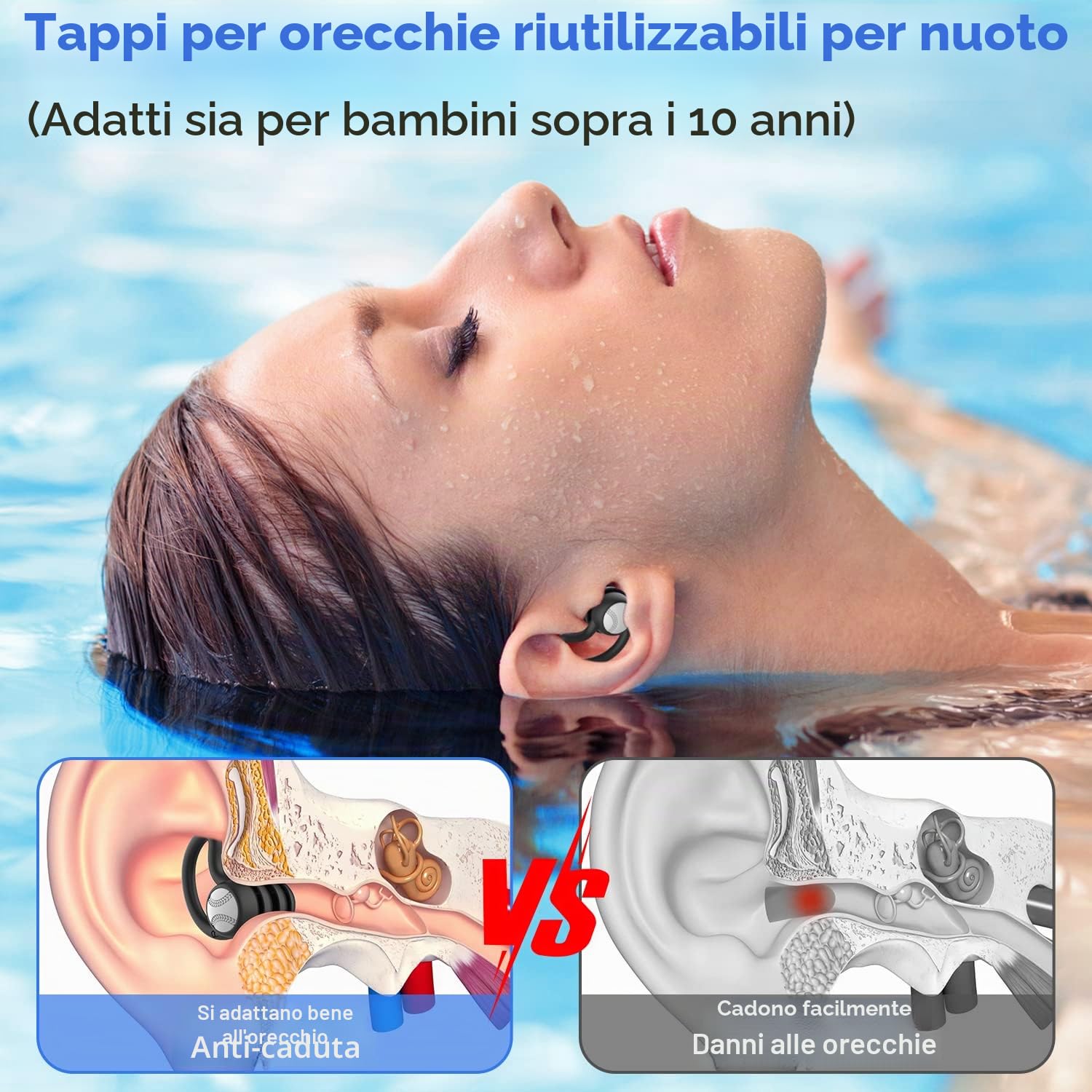Tappi per le orecchie da nuoto per adulti, impermeabili, riutilizzabili, in morbido silicone, per doccia, nuoto, surf, snorkeling e altri sport acquatici (2 paia)