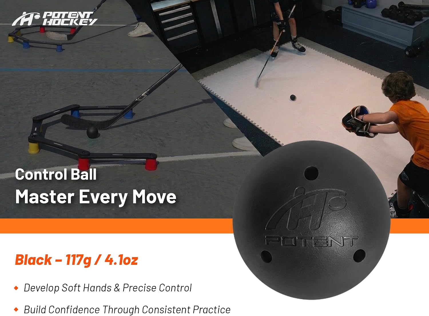 Potent Hockey | Stickhandling Trainer Balls for Puck Control - 4 Pack | Hockey Training Equipment for Puck Control | Improve Skills, Speed, Agility & Reaction Times