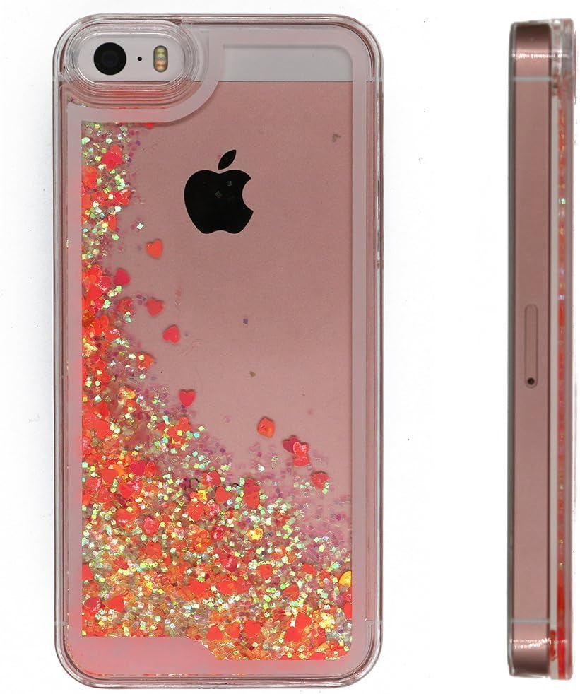 iPhone SE Case, iPhone 5S Liquid Quicksand Bright Rose Gold Red Bling Love Heart Case, Adorable Flowing Floating Moving Shine Glitter Hard PC Case for iPhone5 5S and iPhone SE (Bling Asaka red)