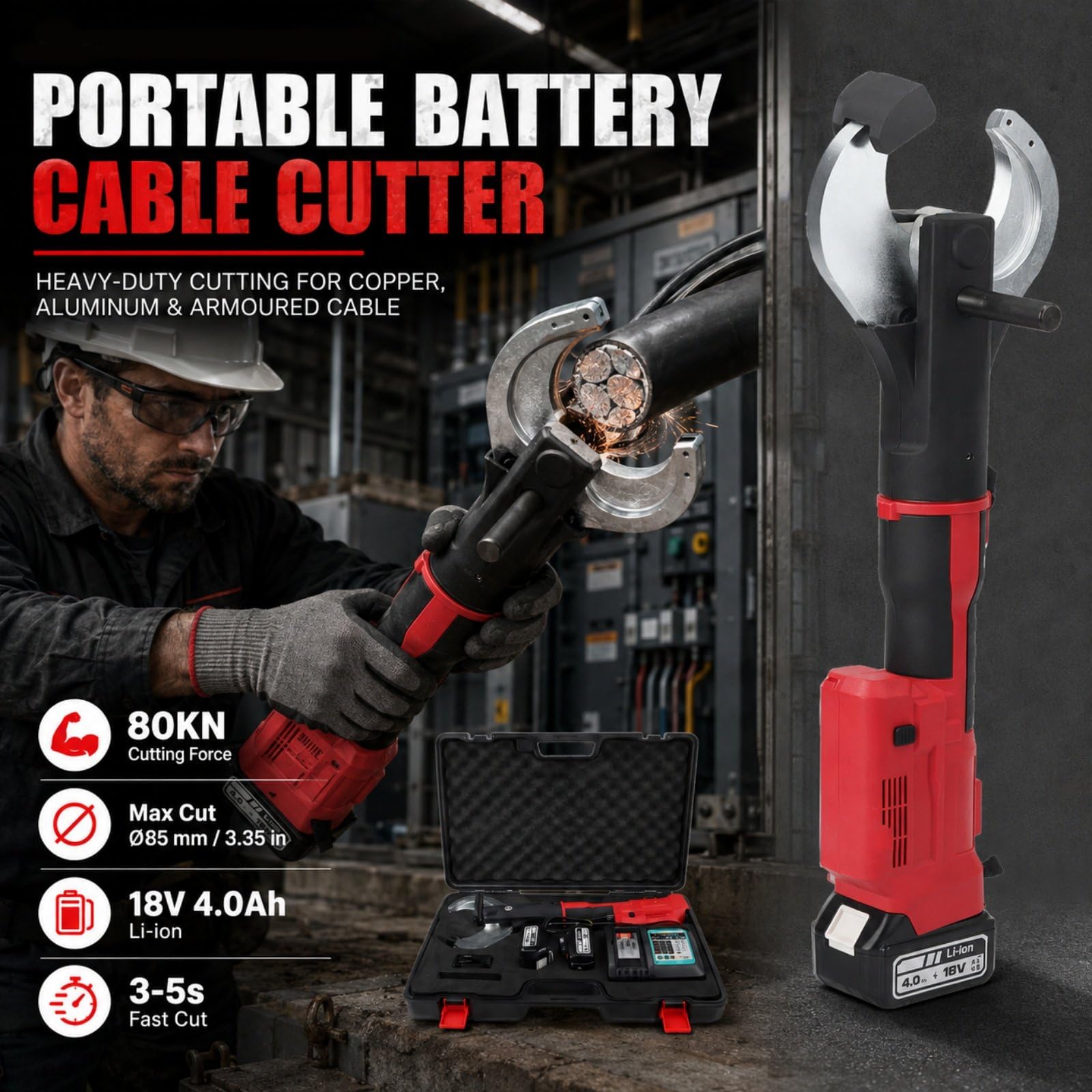 Cortacables a Batería 18V 4,0Ah, Fuerza Hidráulica 80KN