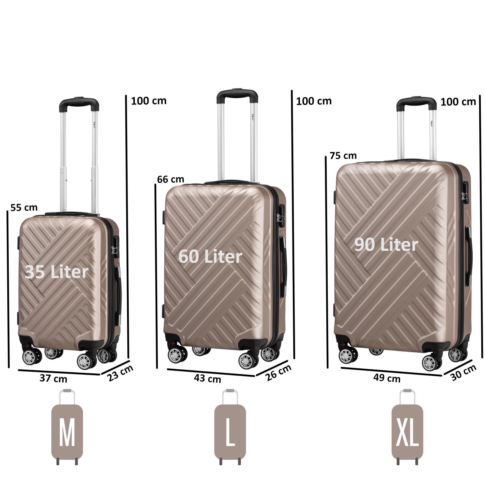 Zelsius Koffer Set 3 Stück, Champagner | ABS Hartschalenkoffer mit Zahlenschloss, Doppelrollen und Innen Trennwand | Handgepäckkoffer, Hartschalenkoffer Set 3 teilig, Trolley, Koffer Groß, Luggage Set