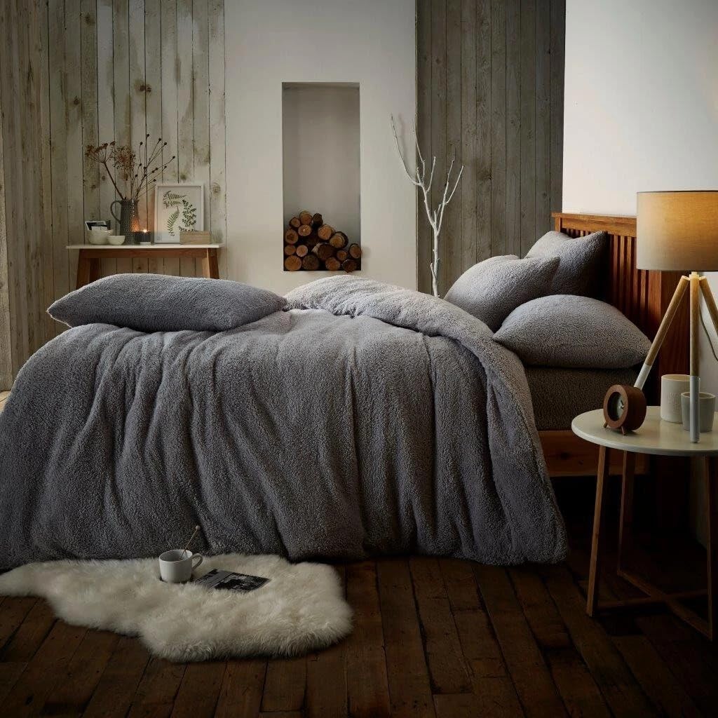 NIMORA Solid Teddy Fleece Duvet Cover Set – Ultra Soft Bedding Quilt Cover with Pillowcases (Silver, Double Duvet Set)