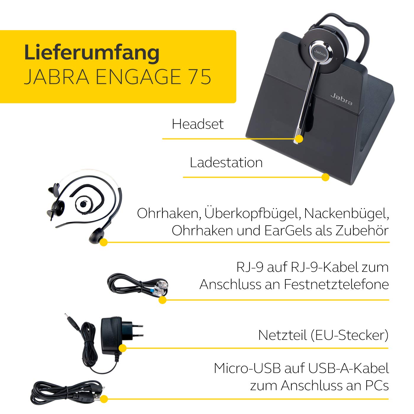 Jabra Engage 75 On-Ear Dect Convertible Headset - Skype for Business zertifizierter drahtloser Kopfhörer mit Noise-Cancelling für Tischtelefone und Softphones - schwarz