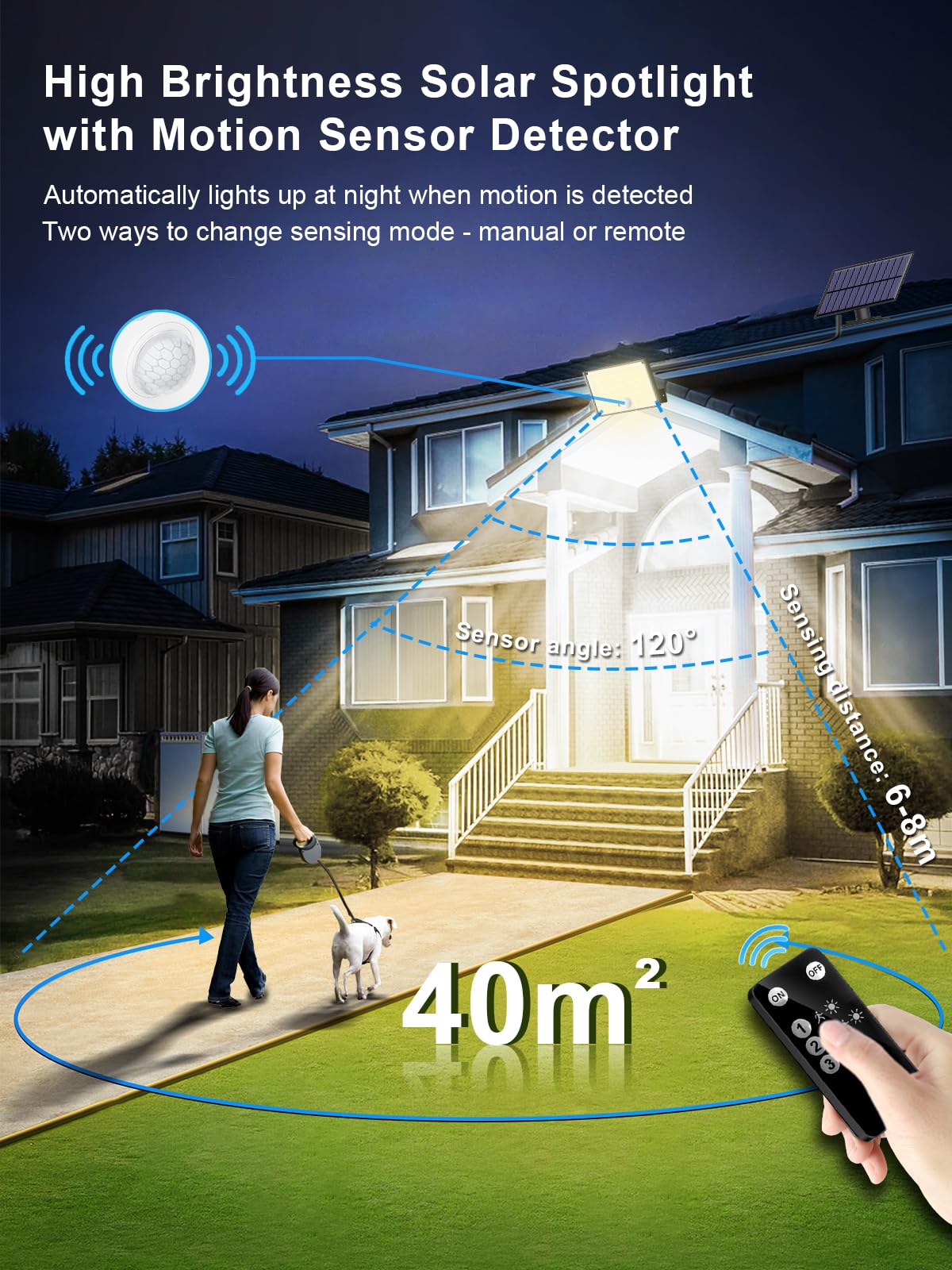 Faretti Solari a LED da Esterno, 172 LED Luce Solare LED Esterno con Sensore di Movimento, IP65 Impermeabile Luci Solari da Esterno con Telecomando, Lampade Solari con Estensore da 5M Bianco Caldo