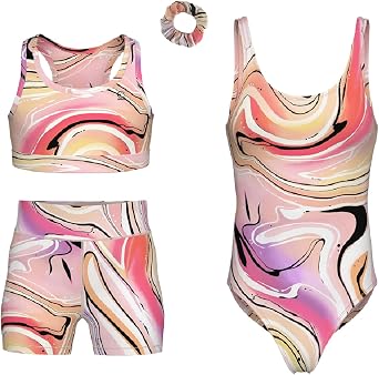 Girls Gymnastics Leotards w/Shorts Set - 4-Piece Girls Unitards Biketards Outfit for Dance, Tumbling & Activewear