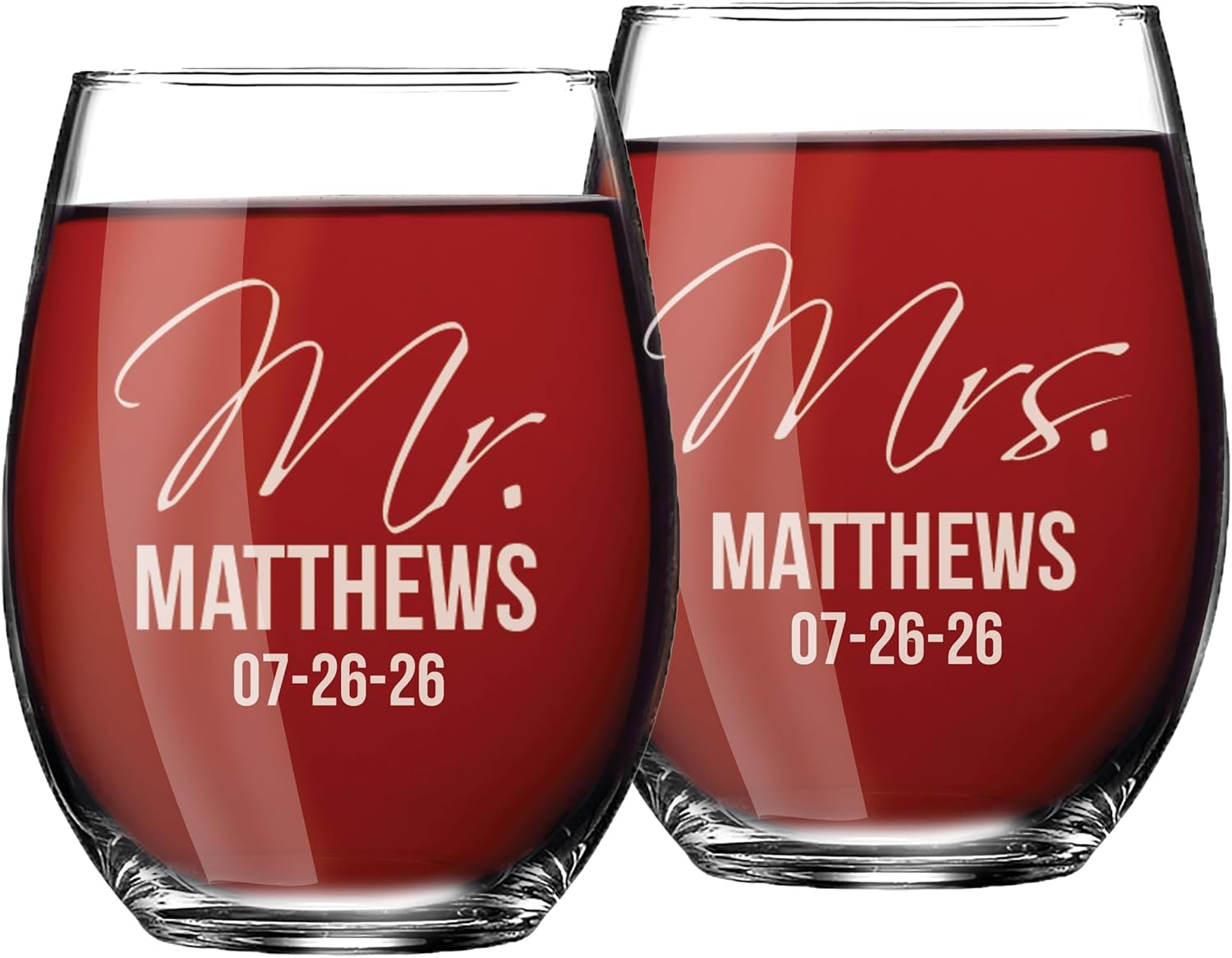 My Personal Memories Set of 2 Mr and Mrs Personalized Stemless Wine Glasses - Engraved Custom Monogrammed Glassware Gifts