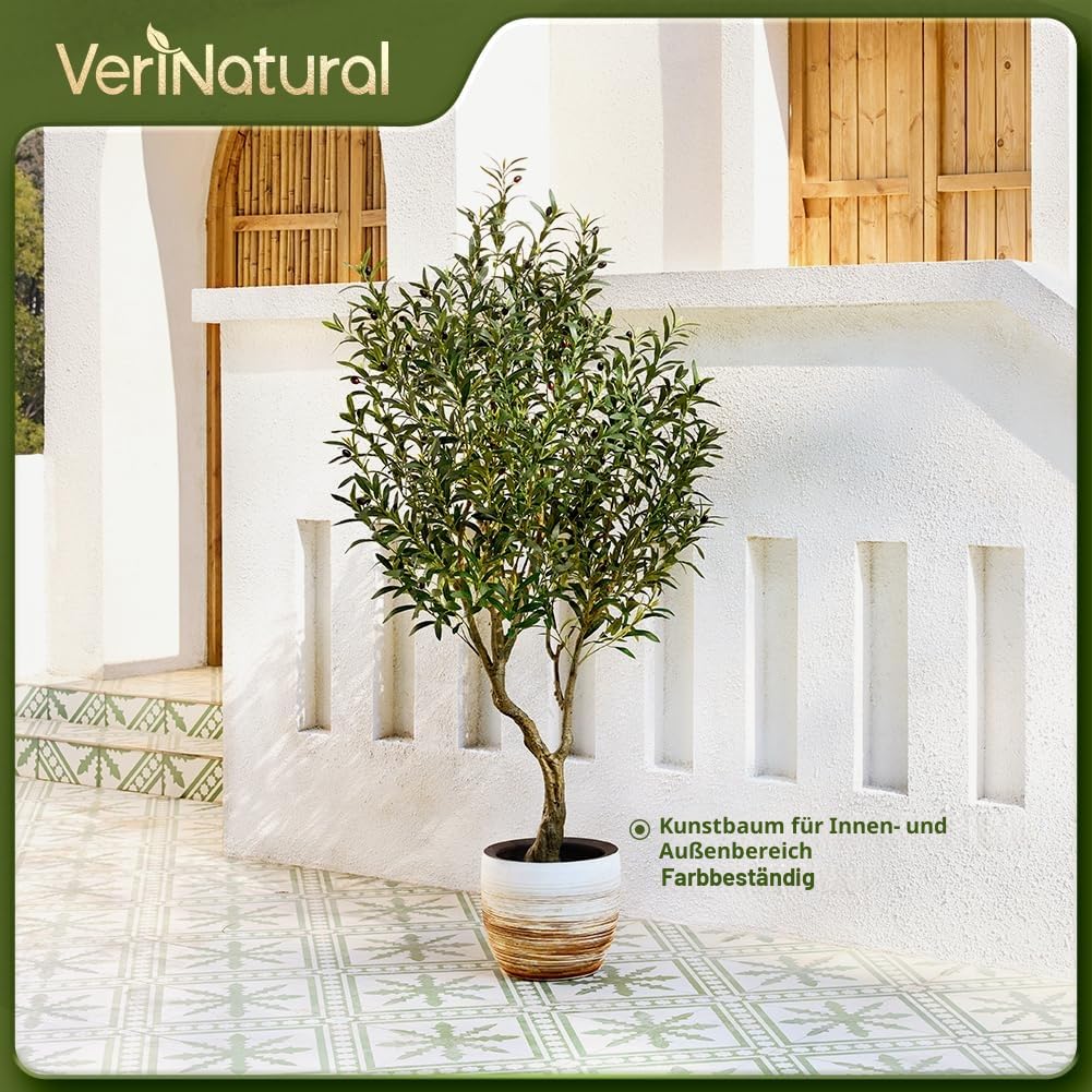 VeriNatural Olivenbaum Künstlich Kunstpflanze 180cm Fake Plant Kunststoffpflanzen Künstlicher Pflanzen – 1638 Blätter & 84 Oliven UV-beständig Stabiler Topf – Deko für Wohnzimmer Balkon Büro